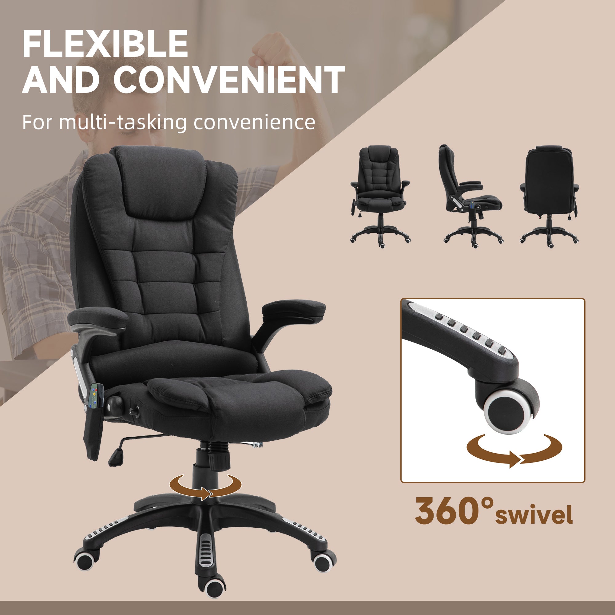 Vinsetto Massage Recliner Chair Heated Office Chair with Six Massage Points Linen-Feel Fabric 360\'c2\'b0 Swivel Wheels Black