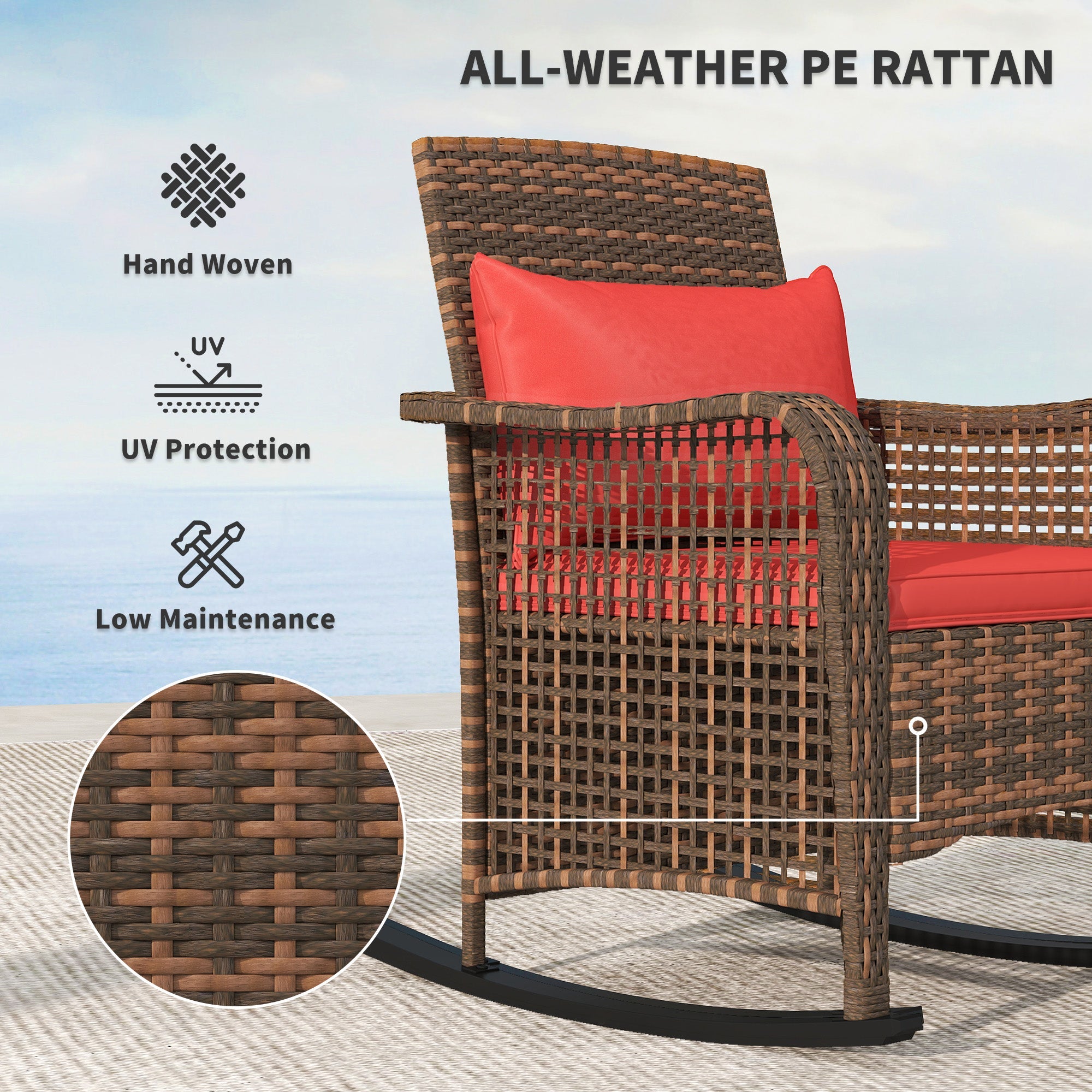 Outsunny Garden Rocking Chair, Outdoor Rattan Rocker Lounge Chair with Seat and Back Cushions, Patio Armchair Seat with All-weather Wicker, Steel Frame for Porch Balcony, Red