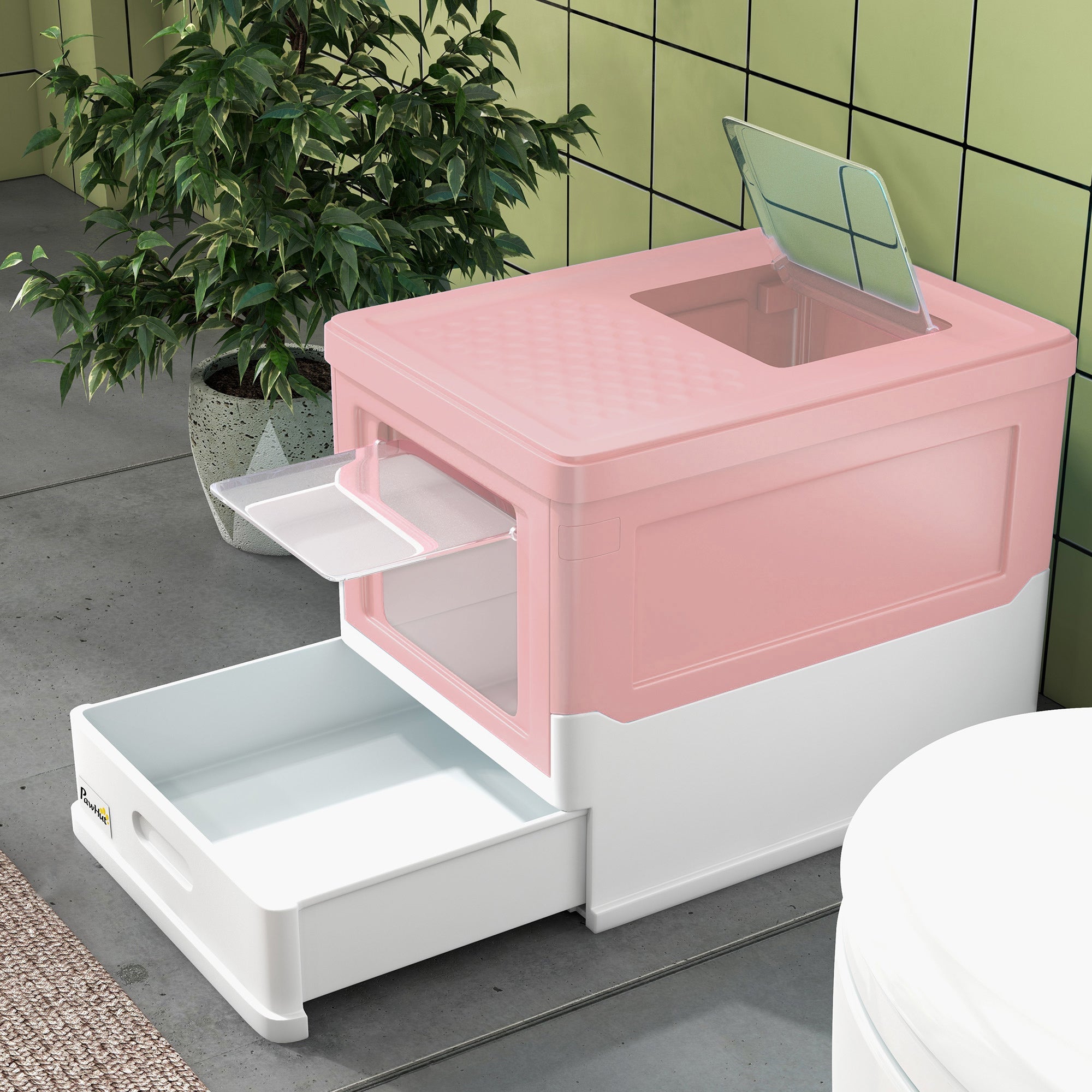 PawHut Hooded Cat Litter Box, Portable Pet Toilet, with Scoop, Front Entry - Pink