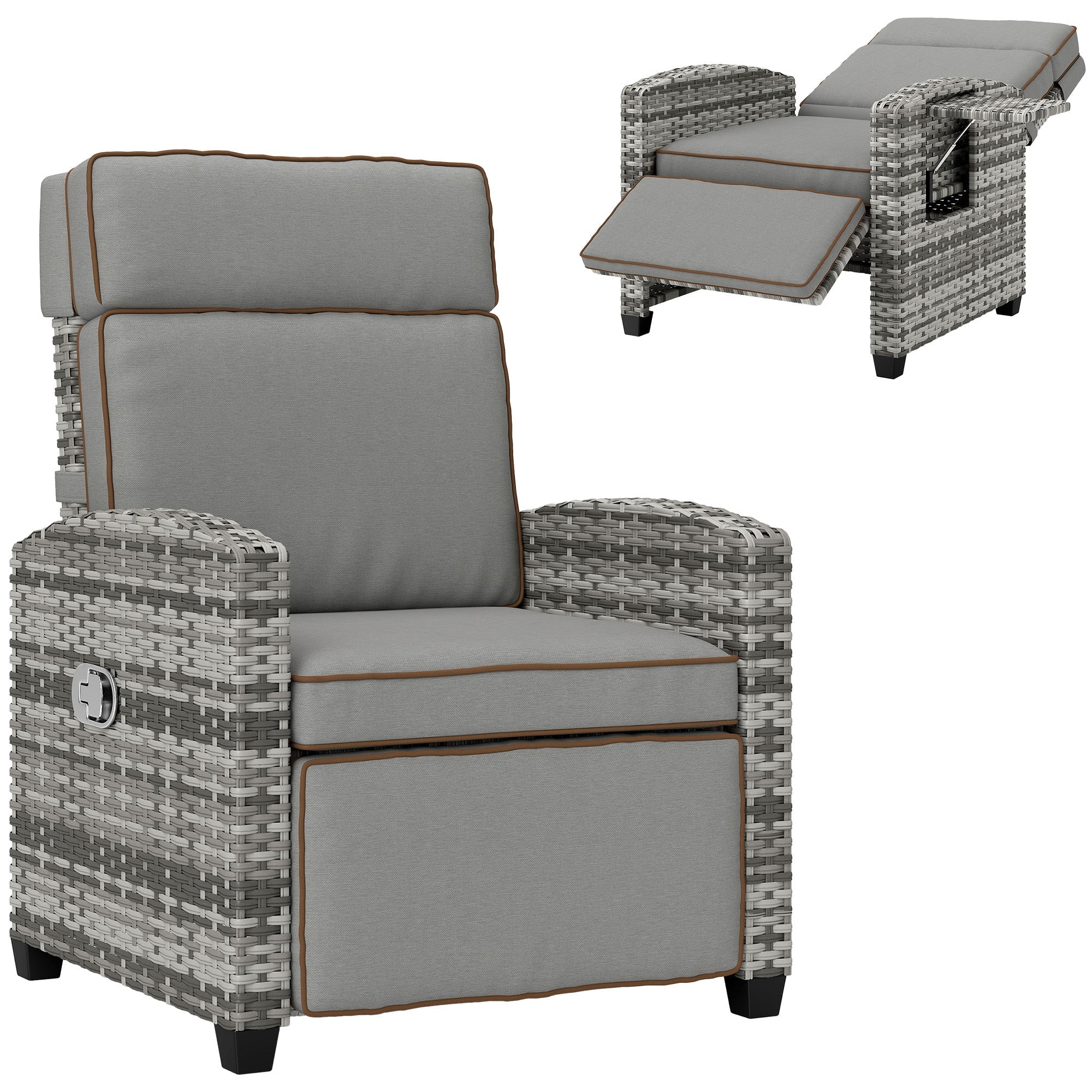 Outsunny Rattan Garden Recliner Chair, Adjustable Backrest Reclining Rattan Chair with Flip Table, Cushion and Footrest, Indoor Outdoor Lounge Reclining Sun Lounger for Patio, Mixed Grey/Grey