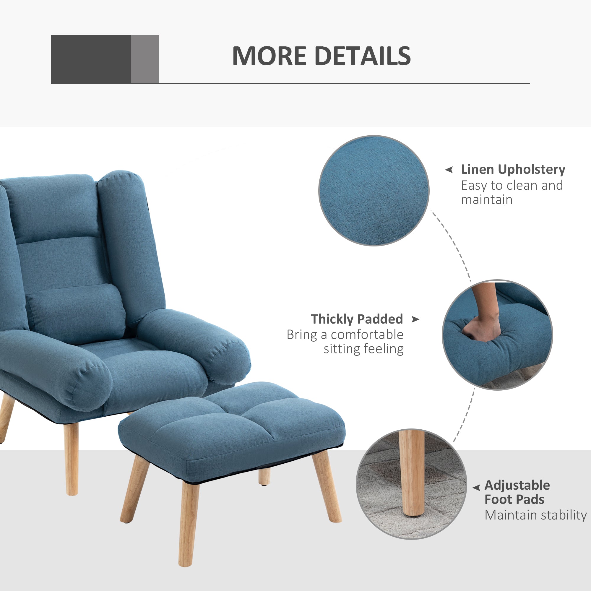 HOMCOM Armchair with Footstool, 180\'c2\'b0 Recliner with Ottoman, Accent Chair and Footstool with 3-Position Adjustable Backrest and Wooden Legs for Living Room, Blue