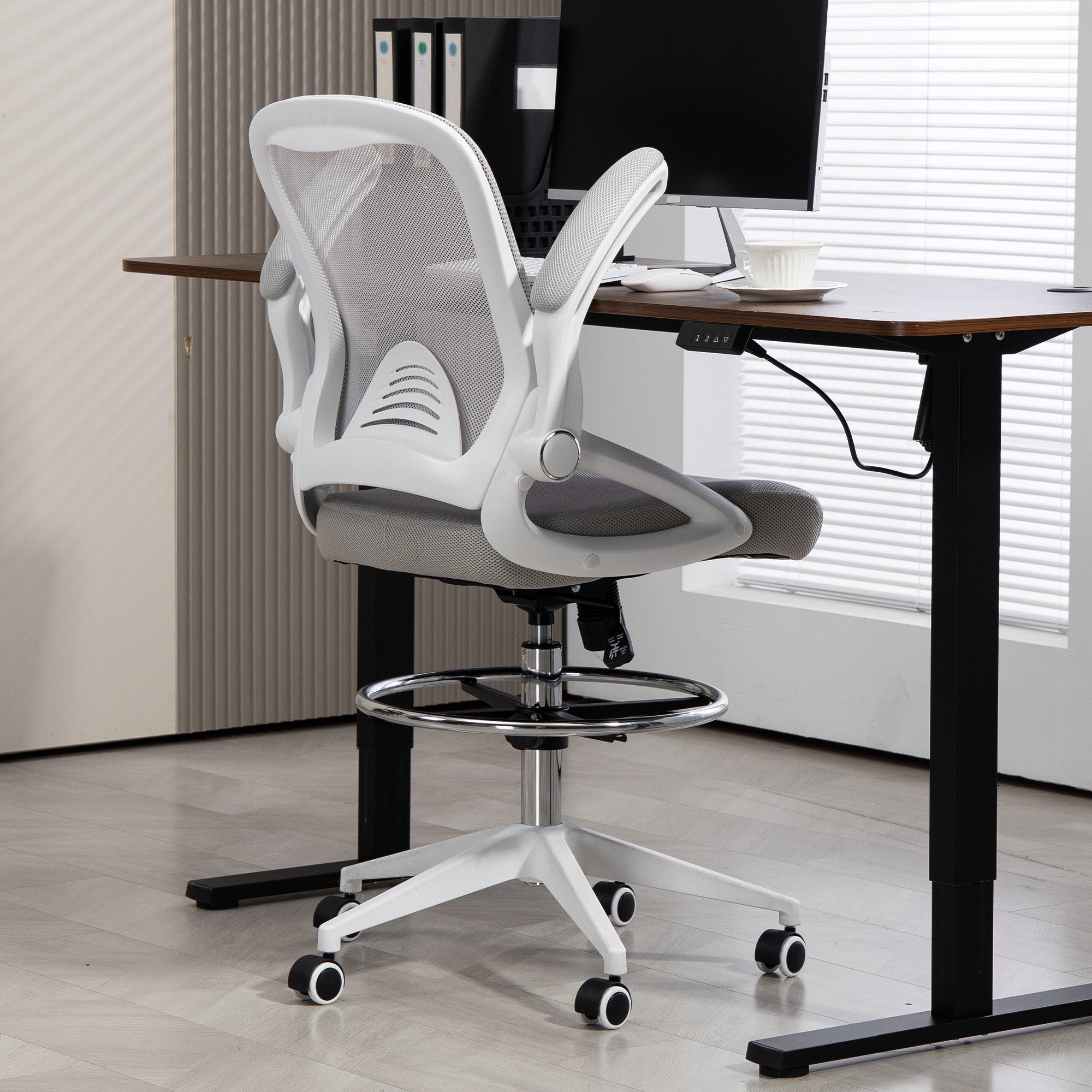 Vinsetto Drafting Chair with Flip-up Armrest, Mesh Office Stool with Foot Ring, 360° Swivel Height Adjustable Chair for Standing Desk, Light Grey