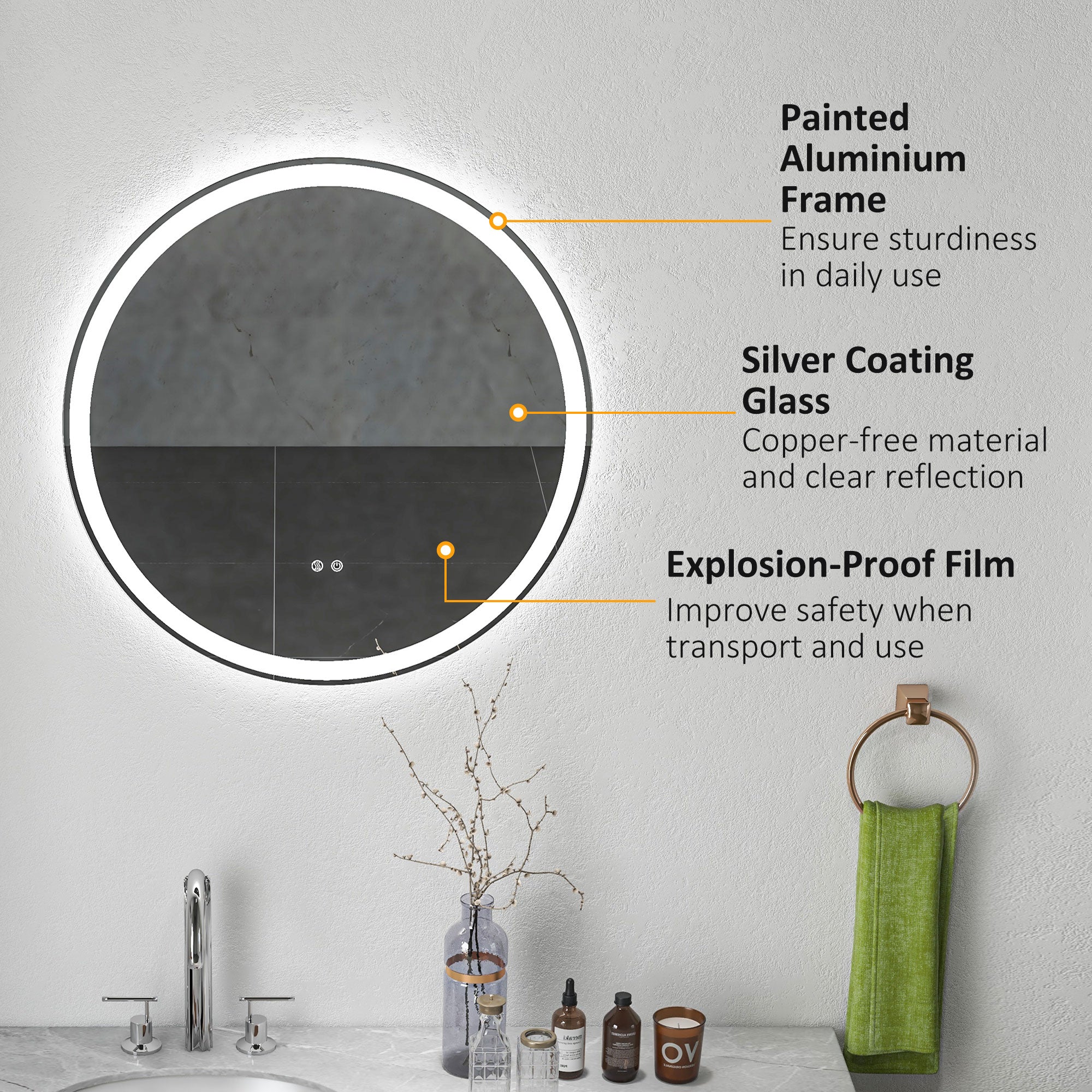 kleankin Round Bathroom Mirror with LED Lights, Wall Mount Dimmable Makeup Mirror with 3 Temperature Colours, Defogging Film and Memory Function, Frameless, Hardwired, 70 x 70\'c2\'a0cm
