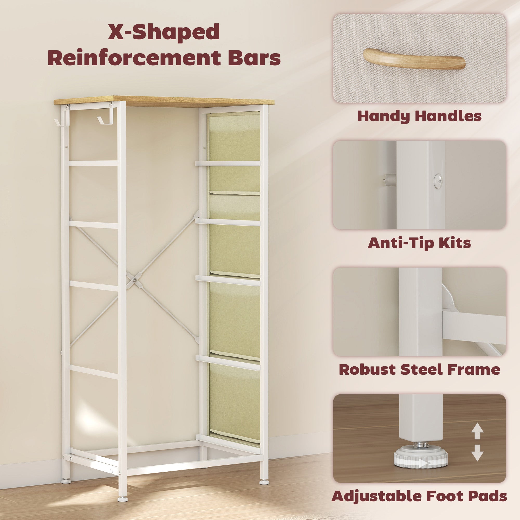 HOMCOM Chest of Five Fabric Drawers - Beige