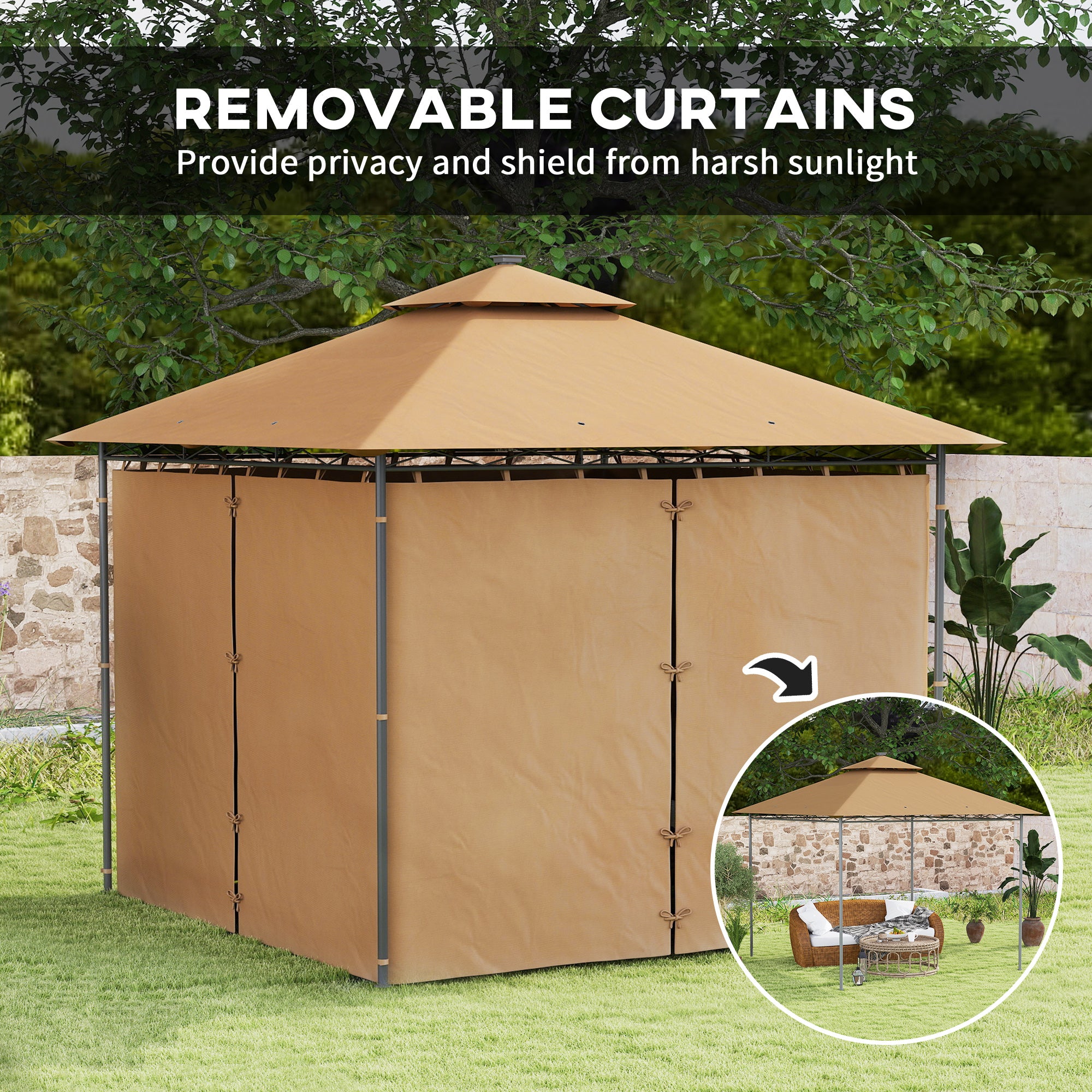 Outsunny 3 x 3 m Garden Gazebo, Double Roof Metal Gazebo with Curtains and Solar-Powered LED Lights, Outdoor Gazebo Canopy Shelter for Patio, Deck, Brown