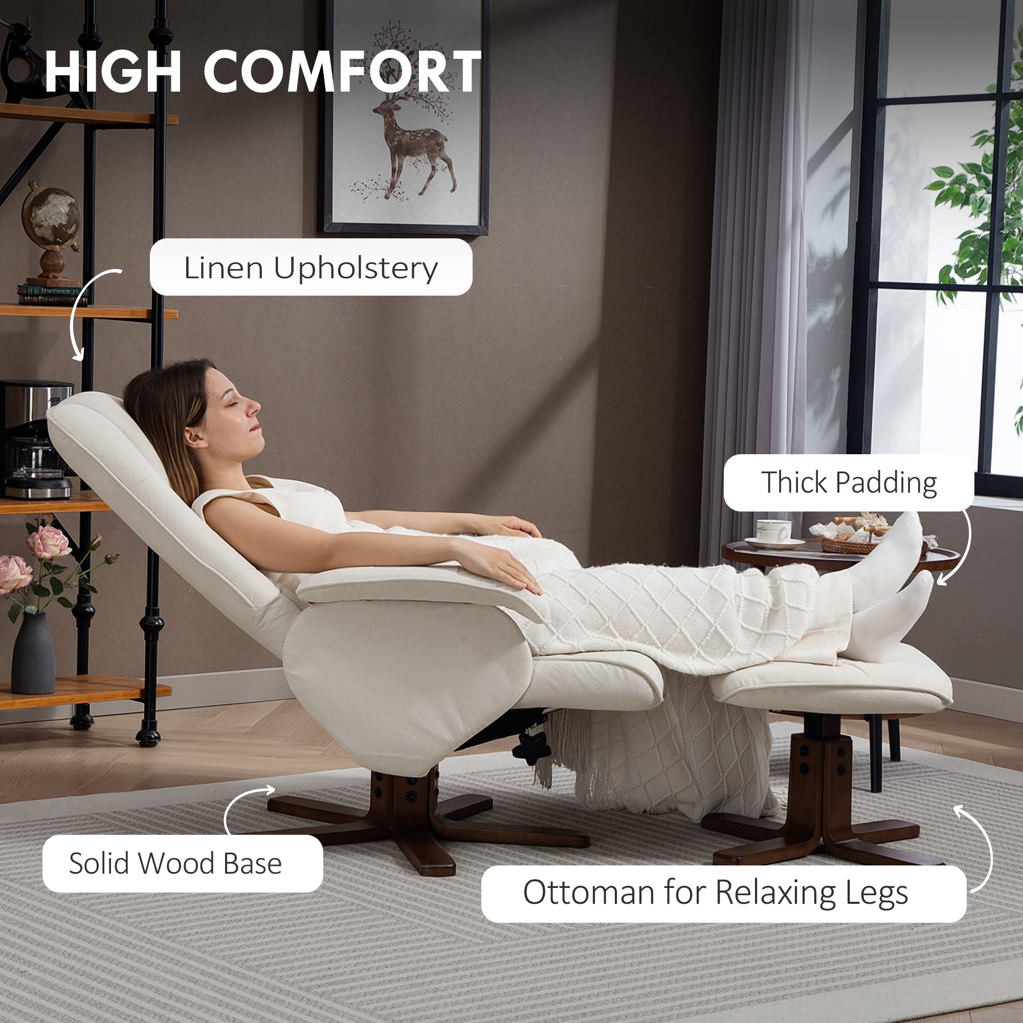HOMCOM Linen Swivel Recliner Chair with Footstool, Upholstered Reclining Armchair with Wooden Base for Living Room, Beige