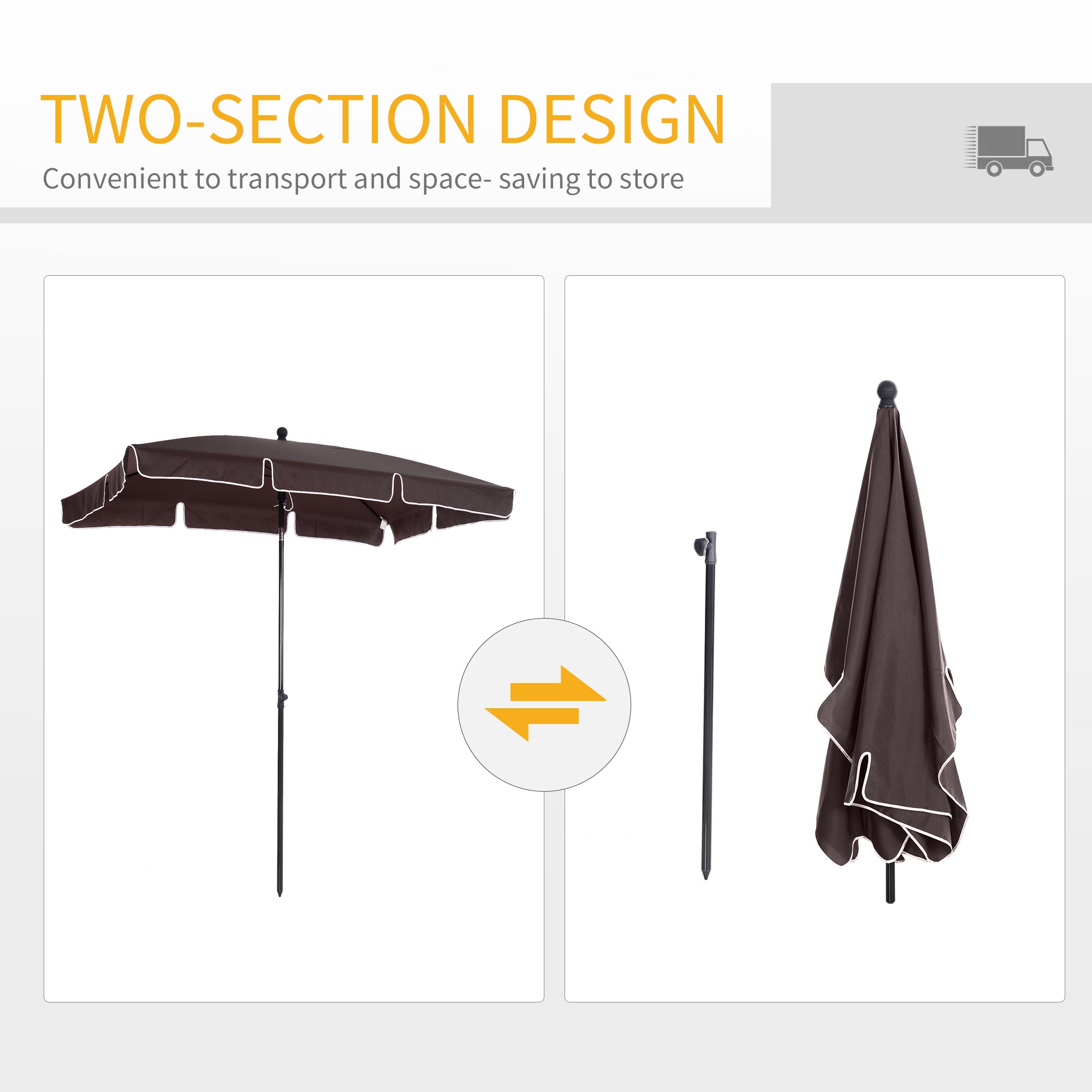 Outsunny Garden Parasol Umbrella, Outdoor Market Table Umbrella with Ruffles & Aluminium Pole, Rectangular Tilting Parasol Sun Shade Canopy, 2 x 1.3m, Brown