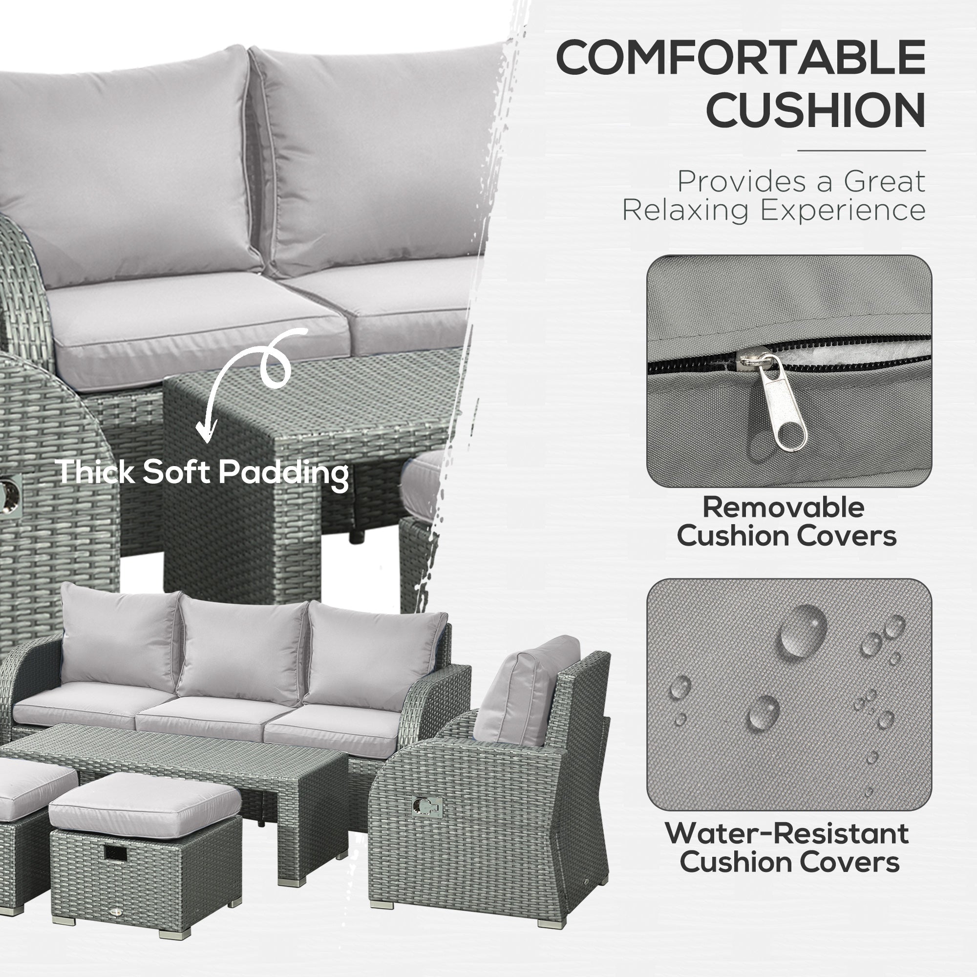 Outsunny Six-piece Outdoor Rattan Dining Set, with Reclining Armchairs - Grey