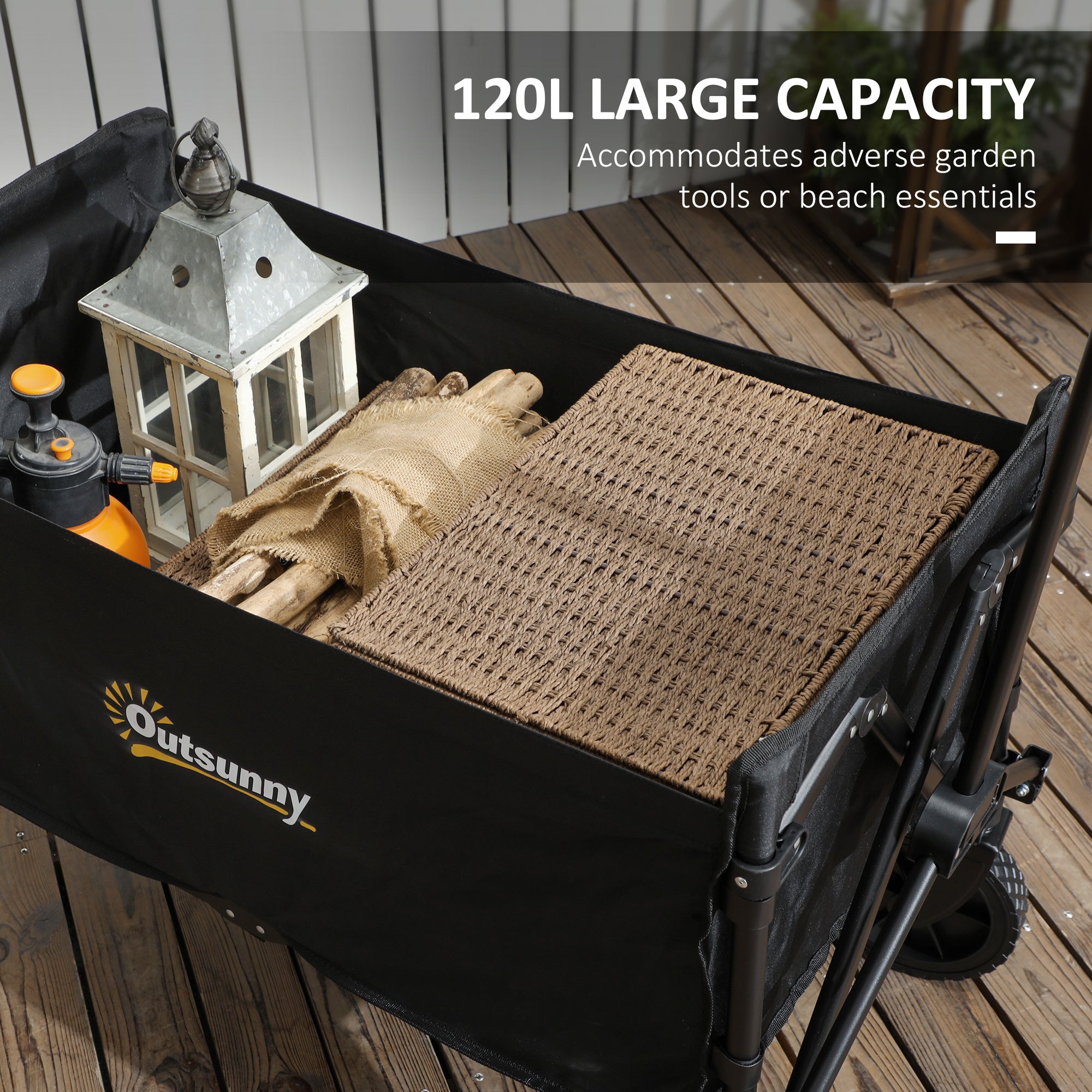 Outsunny 120L Folding Garden Trolley Cart, Outdoor Collapsible Wagon with Wheels and Adjustable Handle for Beach, Camping, Festival, Black