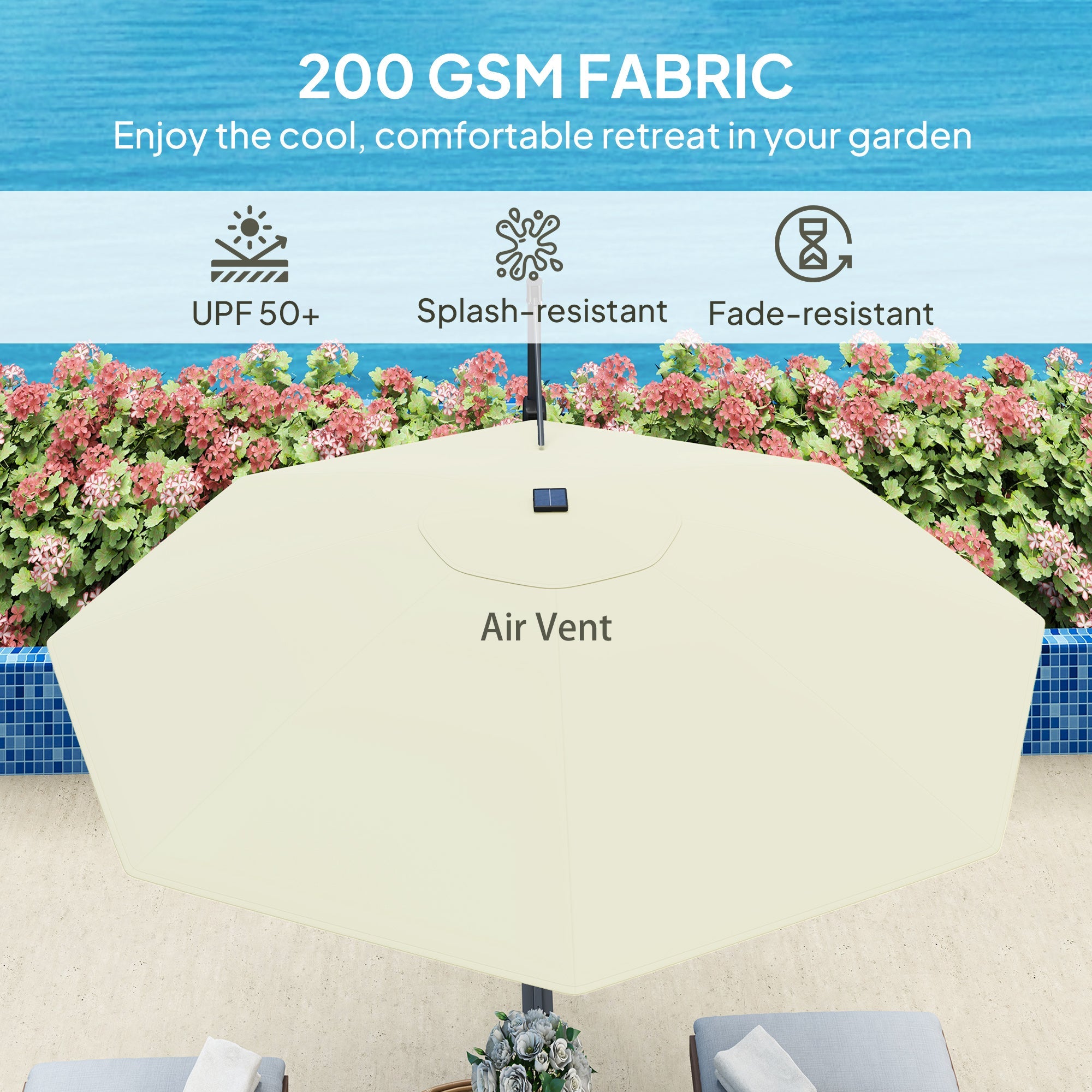 Outsunny 3(m) Cantilever Garden Parasol with Solar Powered Lights, Crank Handle & Cross Base, UPF 50+, 360° Rotation, Cream