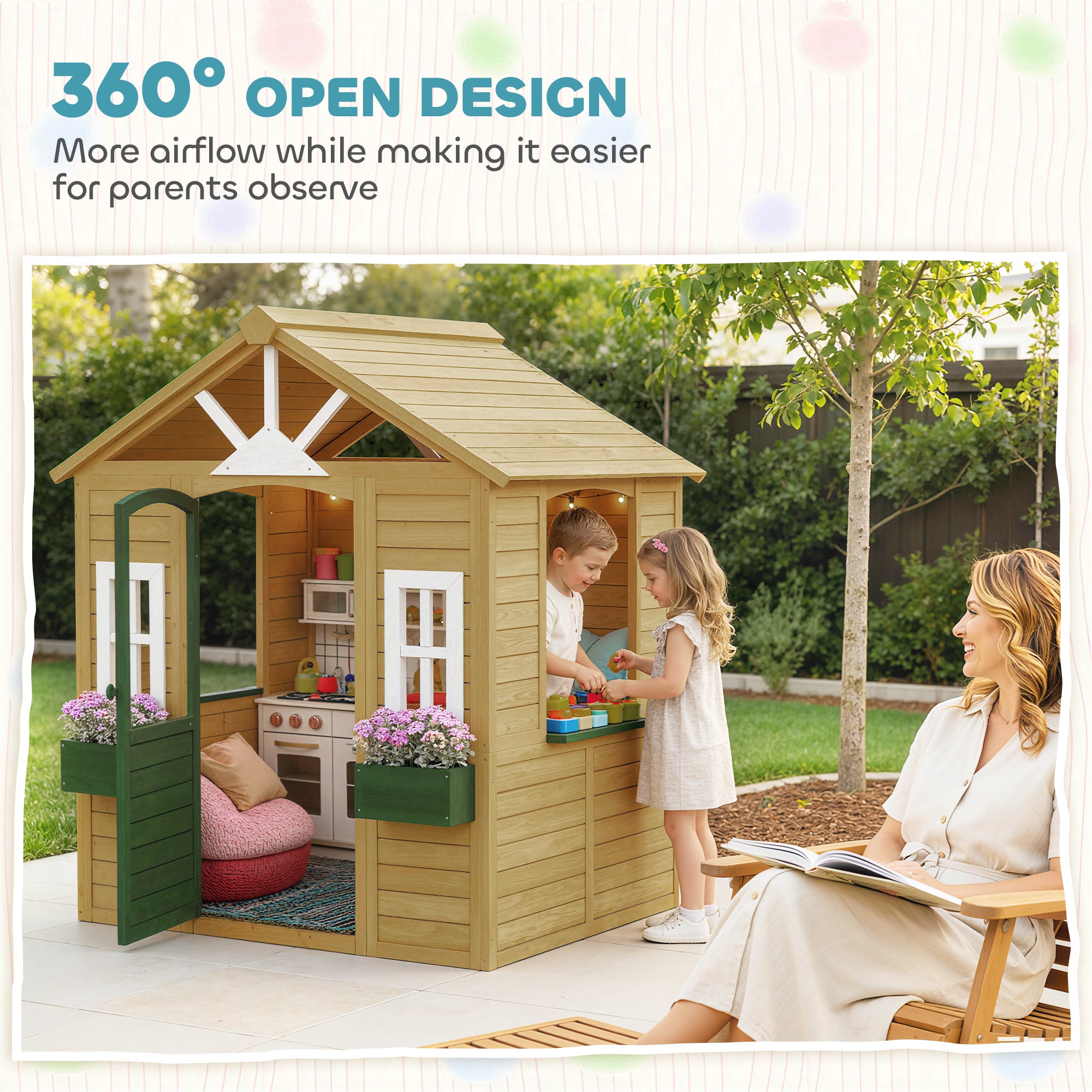 AIYAPLAY Outdoor Kids Playhouse, Wooden Wendy House with Door, 3 Windows, 2 Flower Boxes for Garden, Indoor Playroom