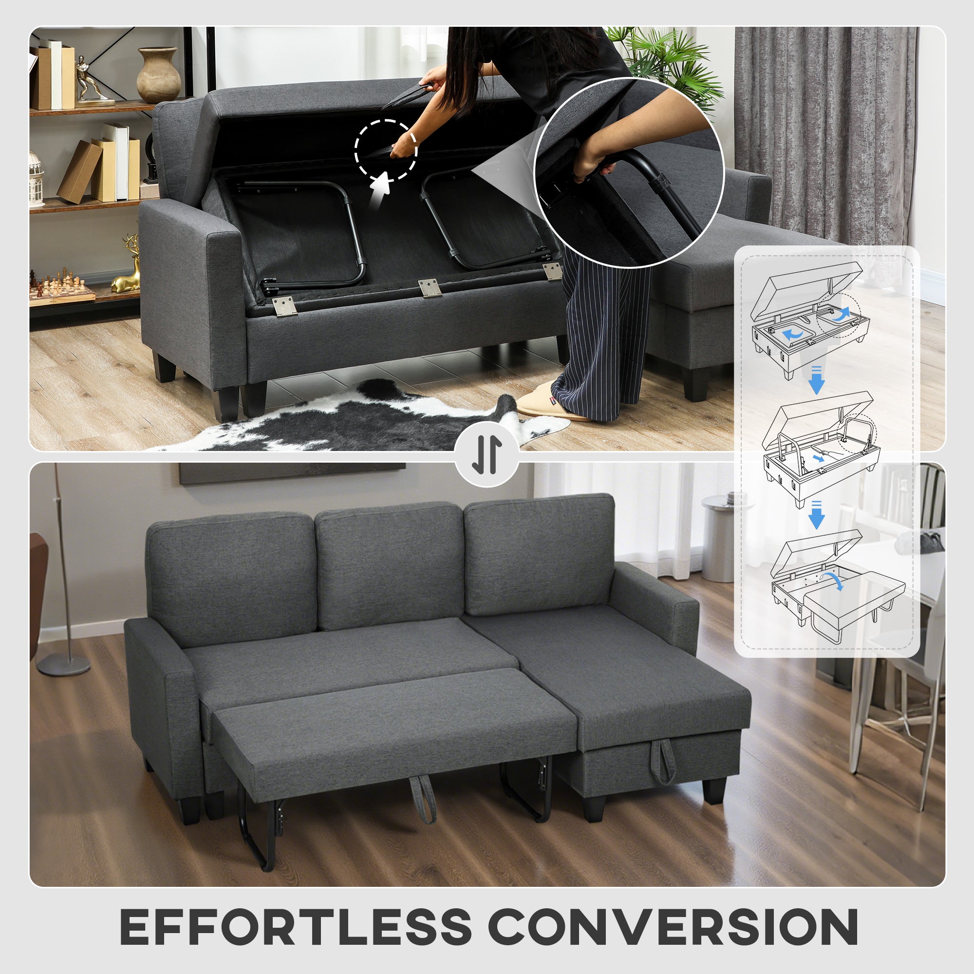 HOMCOM Three-Seater Storage Sofa Bed - Charcoal Grey