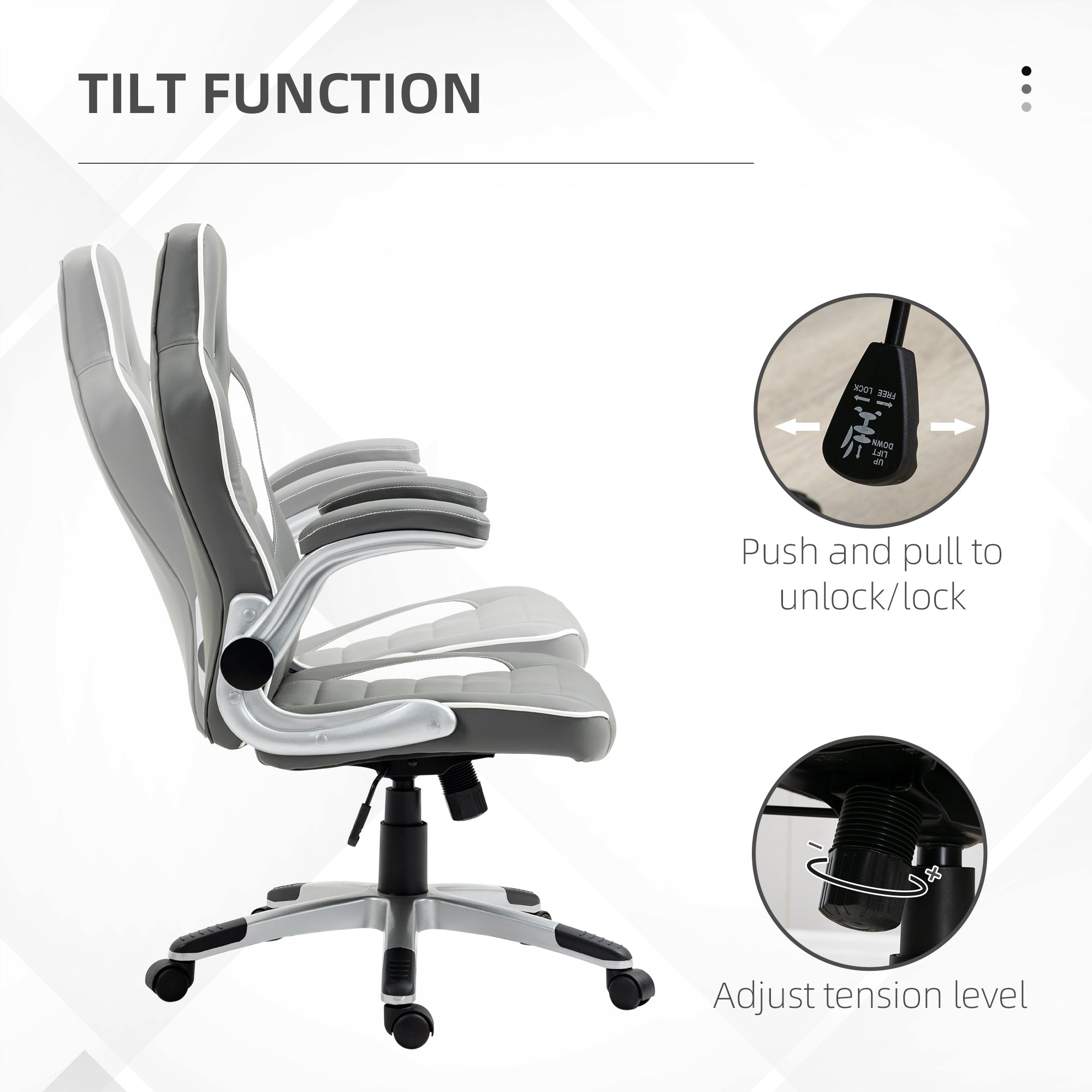 Vinsetto Computer Gaming Chair, Office Desk Swivel Chair, PU Leather Racing Chair with 90\'c2\'b0 Flip-up Armrest, Adjustable Height and Rolling Wheels, Grey