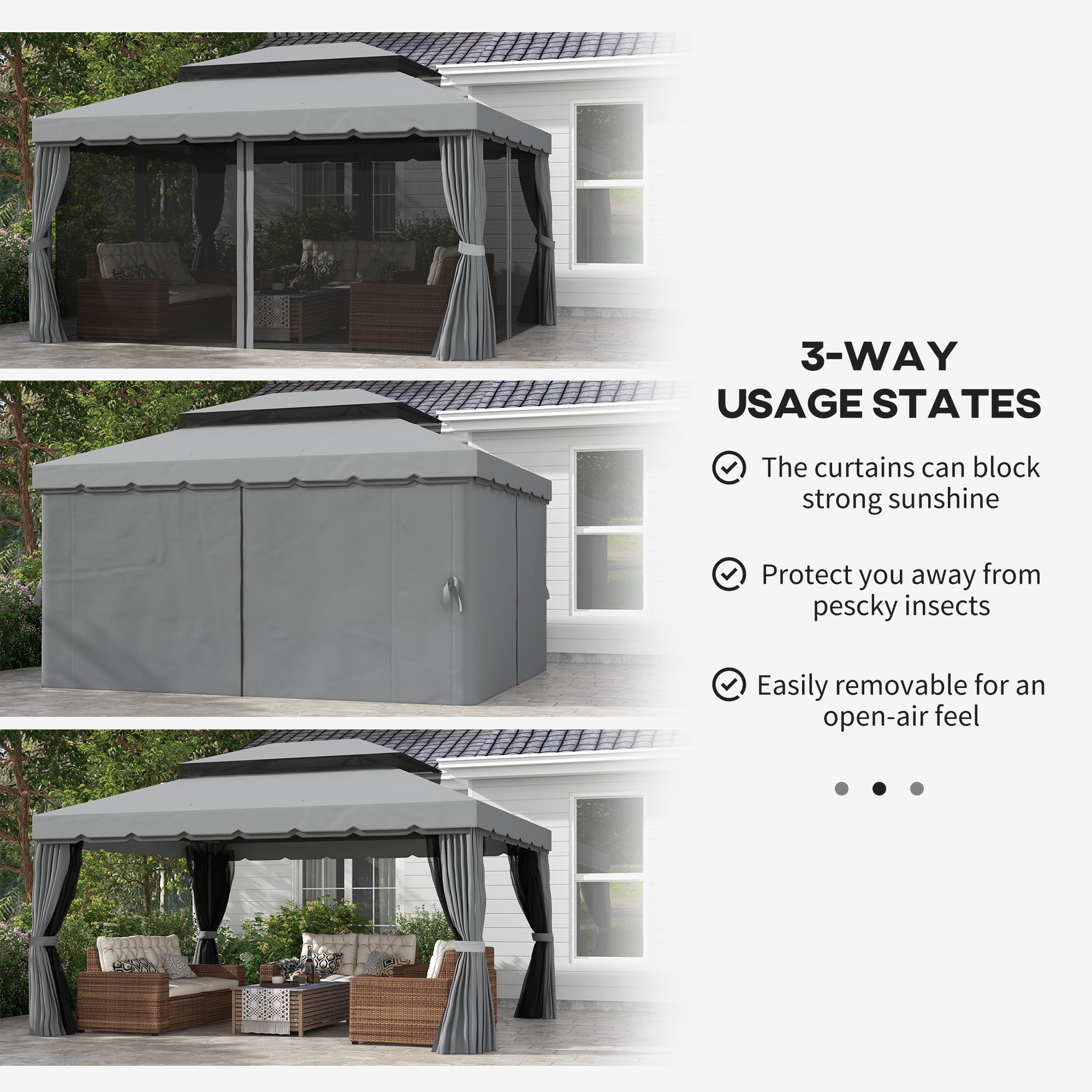 Outsunny 3 x 4m Aluminium Garden\'c2\'a0Gazebo, Marquee Canopy Shelter Pavilion Party Tent with Nets and Curtains for Garden and Deck, Light Grey