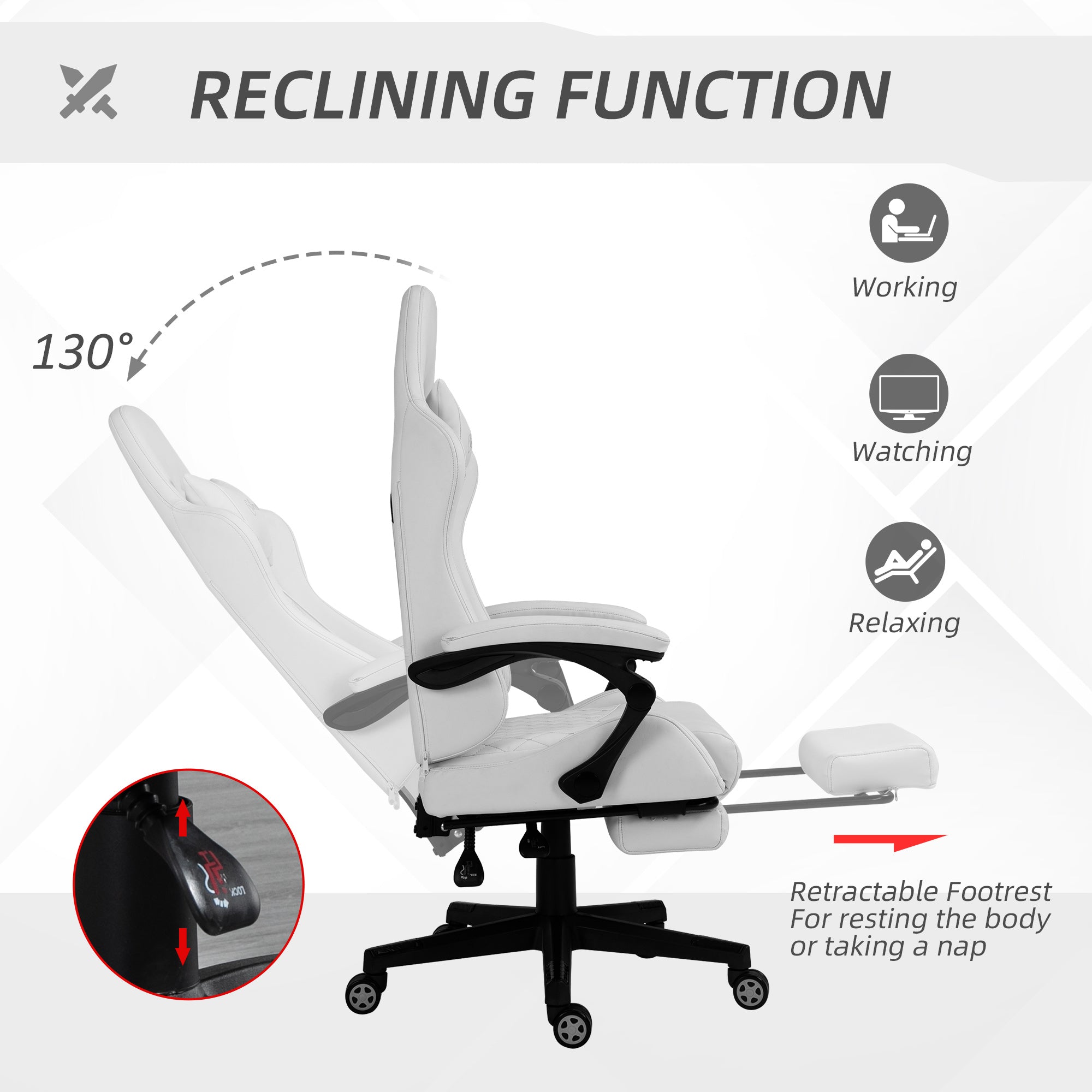 Vinsetto Computer Gaming Chair with Footrest, Video Gaming Chair for Adults with 130\'c2\'b0 Reclining Back, Desk Chair with Lumbar Support and Adjustable Height, White