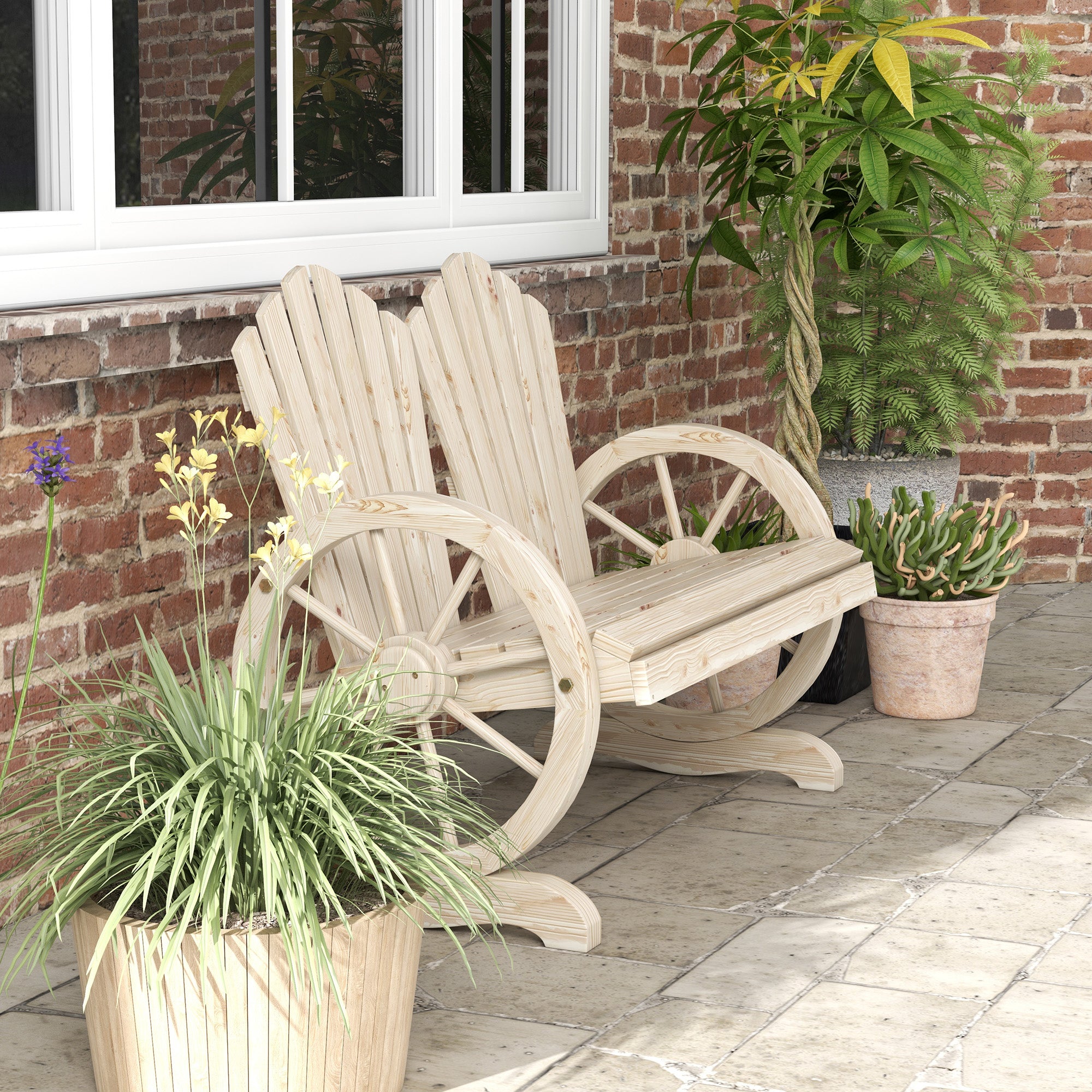Outsunny Fir Wood Love Seats with Wheel-Shaped Armrests, Large Load-Bearing Chair, Natural Wood Finish