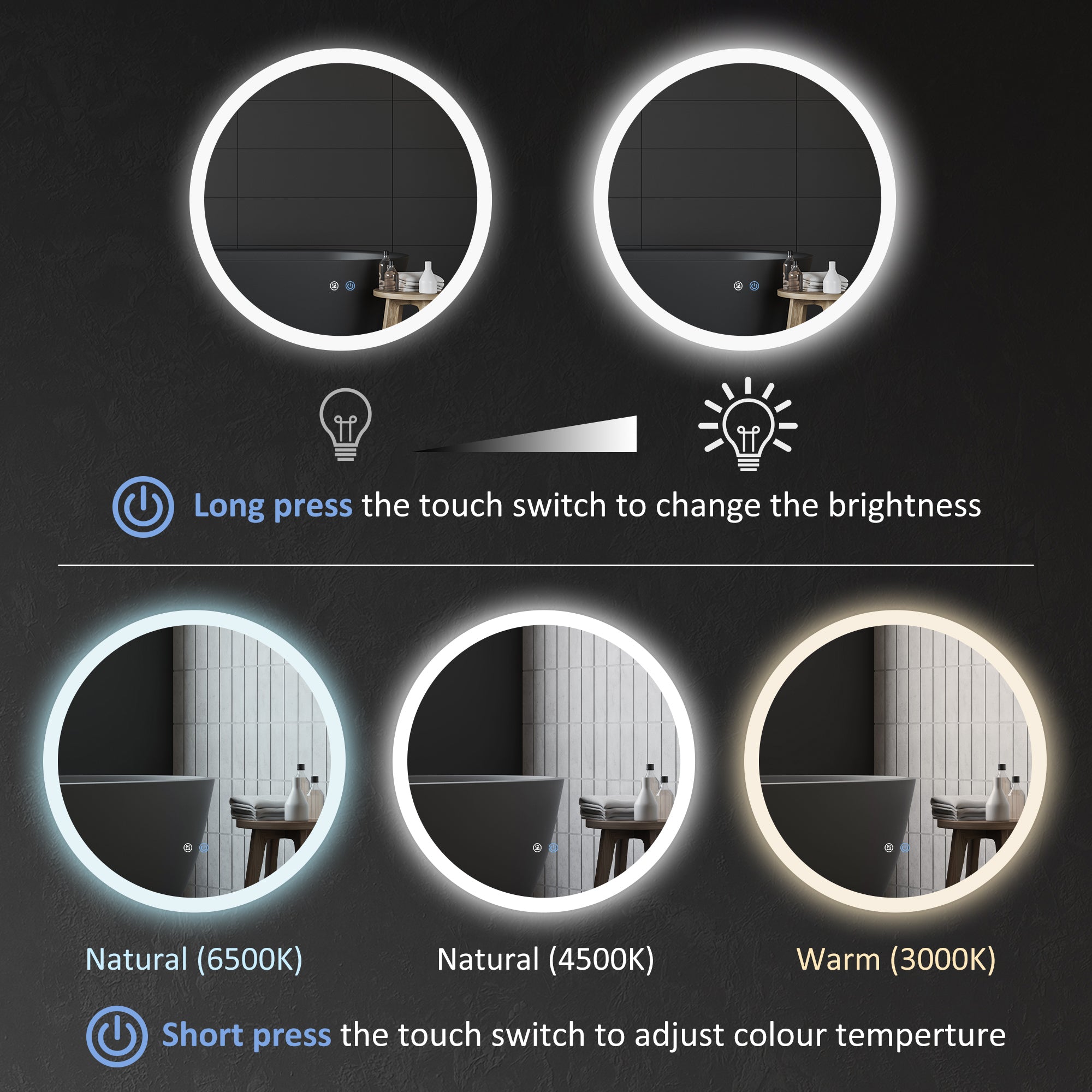 kleankin Round Bathroom Mirror with LED Lights, Wall-Mounted Dimmable Makeup Mirror with 3 Temperature Colours, Defogging Film, Memory Function, Hardwired, 60 x 60\'c2\'a0cm