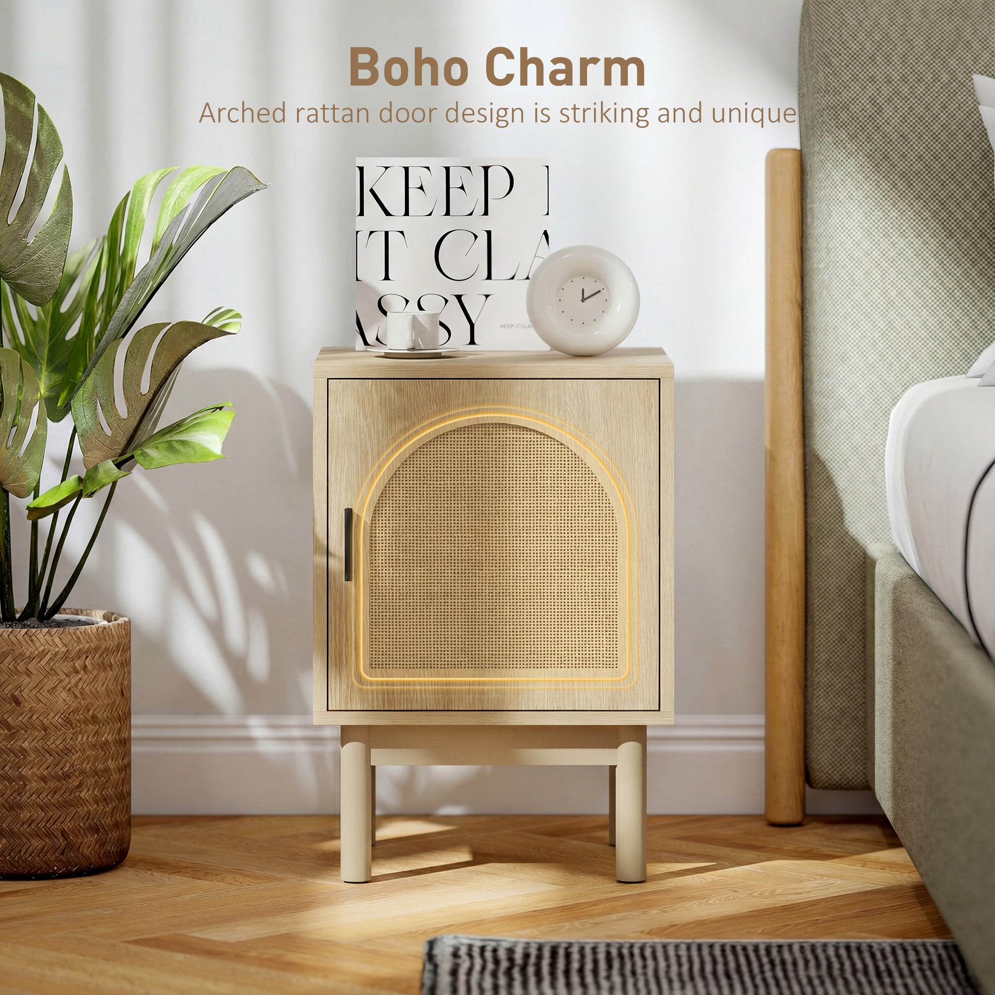 HOMCOM Rattan Bedside Table for Bedroom - Natural Wood