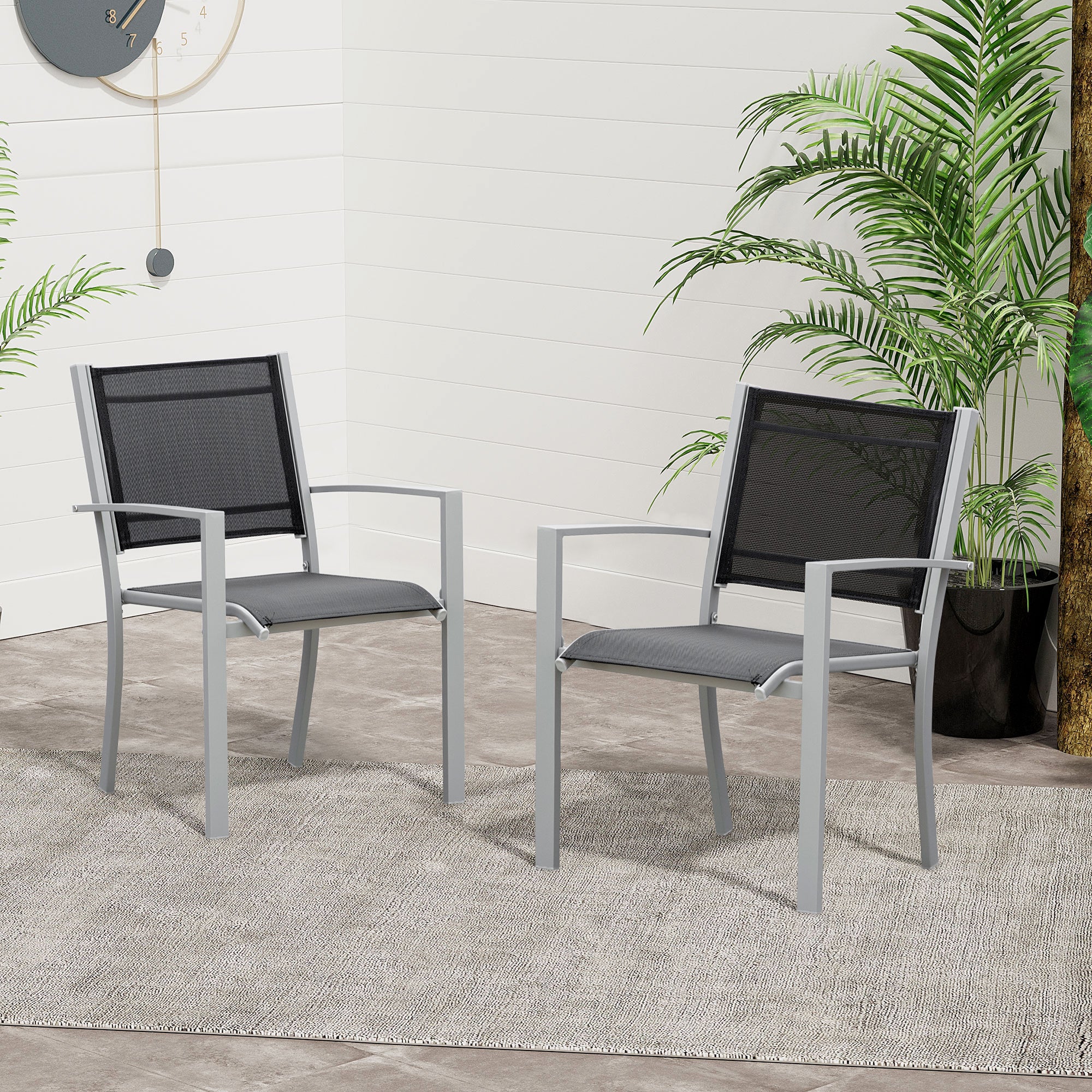 Outsunny Garden Chairs Set Of 2 Outdoor Chairs with Steel Frame Texteline Seats for Dining Patio Balcony Grey and Black
