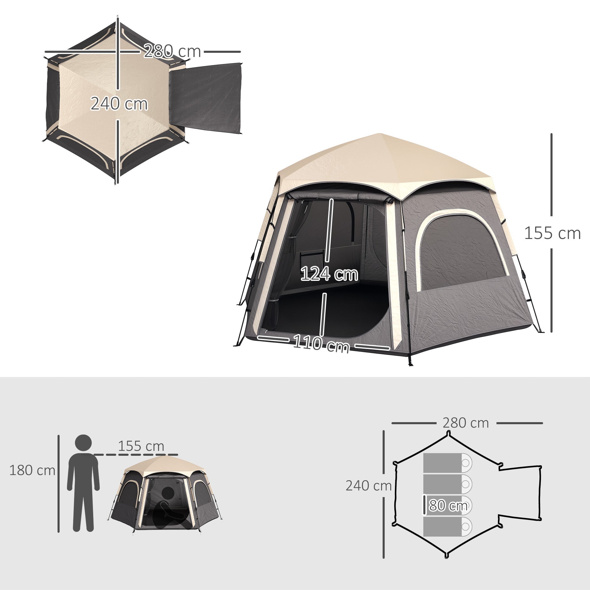 Outsunny Instant Camping Tent, 2/3/4 Person Easy Setup Family Tent with Vestibule, Rainfly, 4 Mesh Windows & 2 Doors, Hexagonal Design, Waterproof UV Protected Dome Tent, Dark Grey
