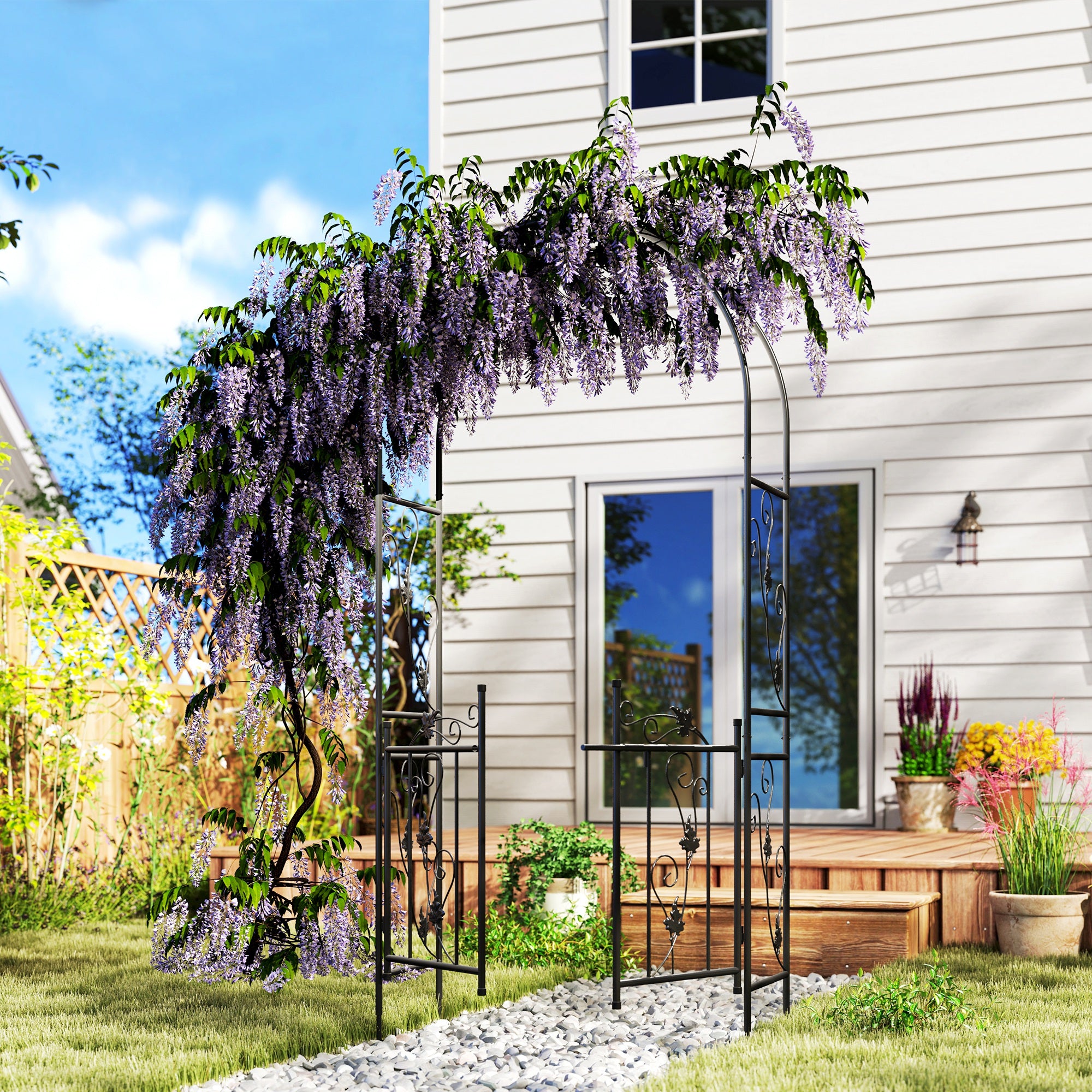 Outsunny 2.17m Steel Garden Arch with Gate, Wedding Arch for Outdoor, Garden, 107W x 45D x 217H cm Black
