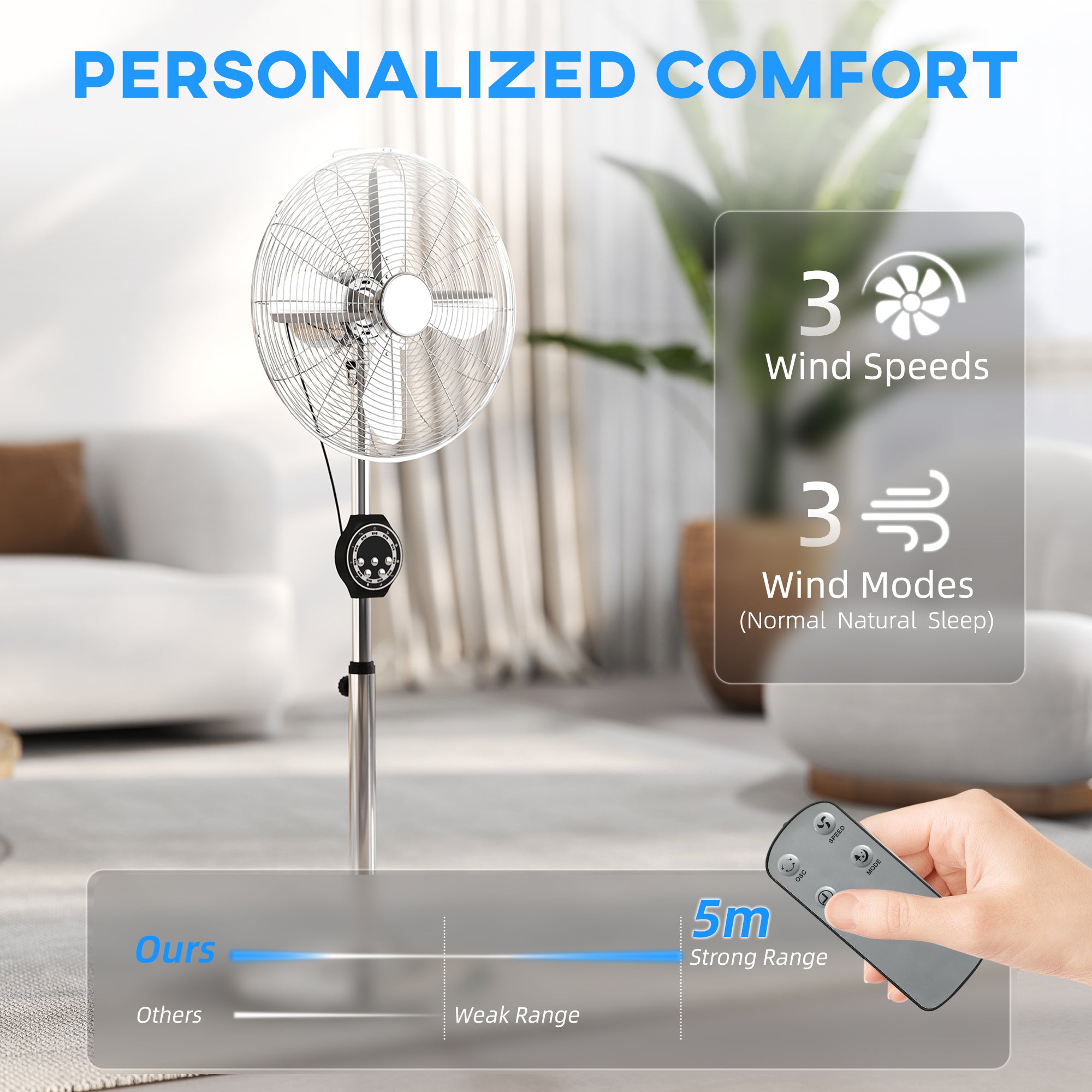 HOMCOM 18" Metal Pedestal Fan with Oscillating, Adjustable Height - Silver Tone