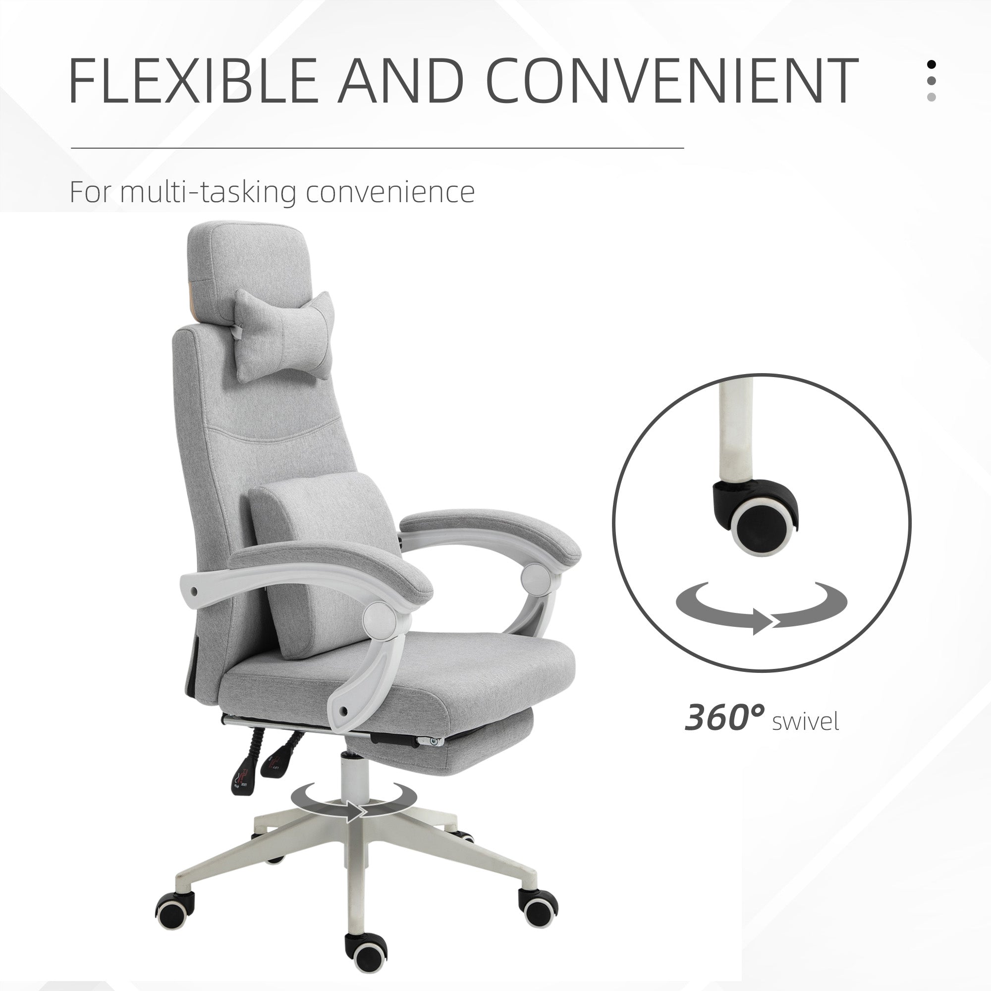 Vinsetto Office Chair, Ergonomic Desk Chair, High Back Fabric Work Chair with 160\'c2\'b0 Reclining Backrest, Retractable Footrest, Neck and Lumbar Pillow for Home and Study, Grey