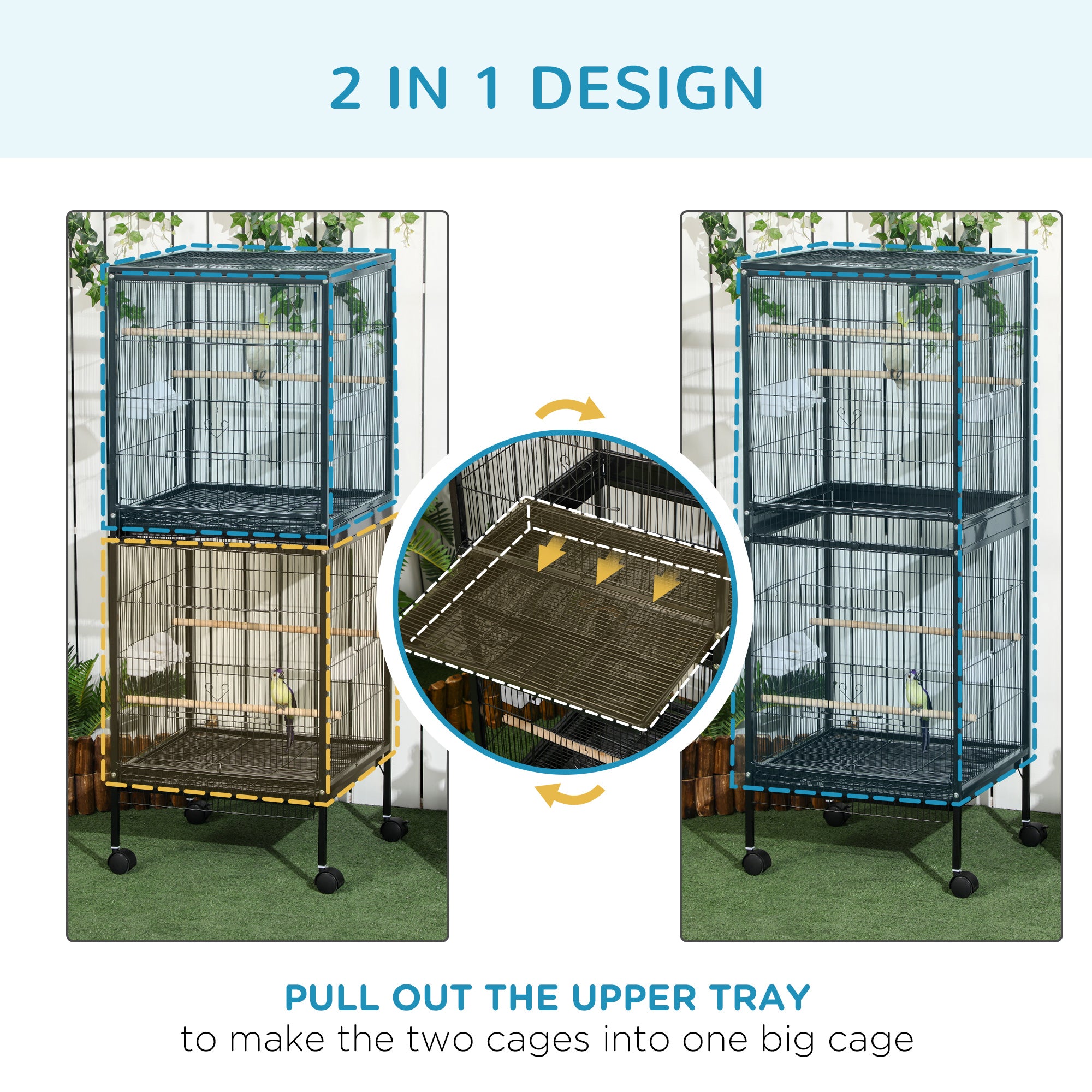PawHut Bird Cage Budgie Cage 2 In 1 Large Aviary with Wheels Removable Trays for Finch Canaries Cockatiels Black