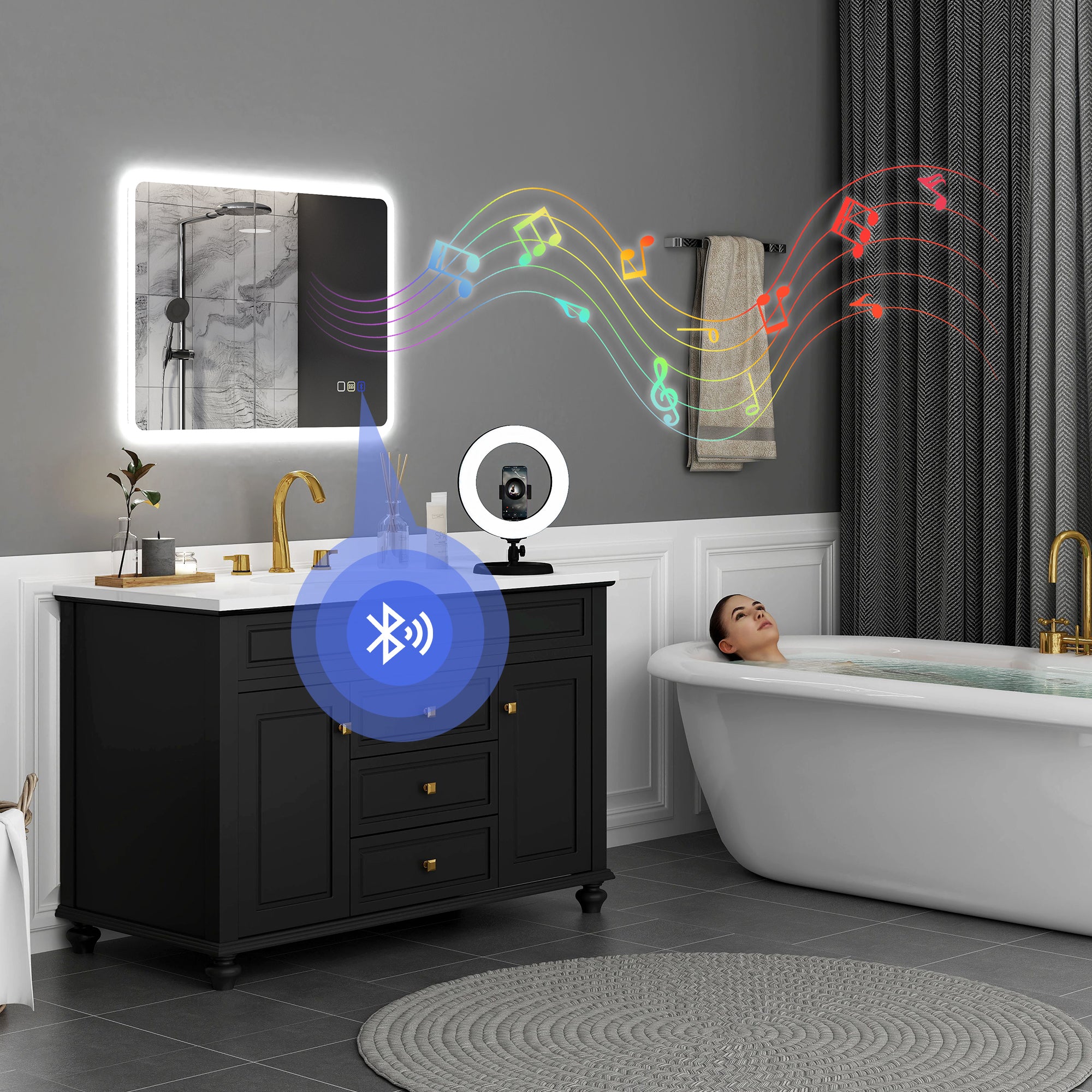 HOMCOM 60 x 80 cm Backlit Illuminated Bathroom Mirror with LED Lights and Bluetooth - Silver Tone