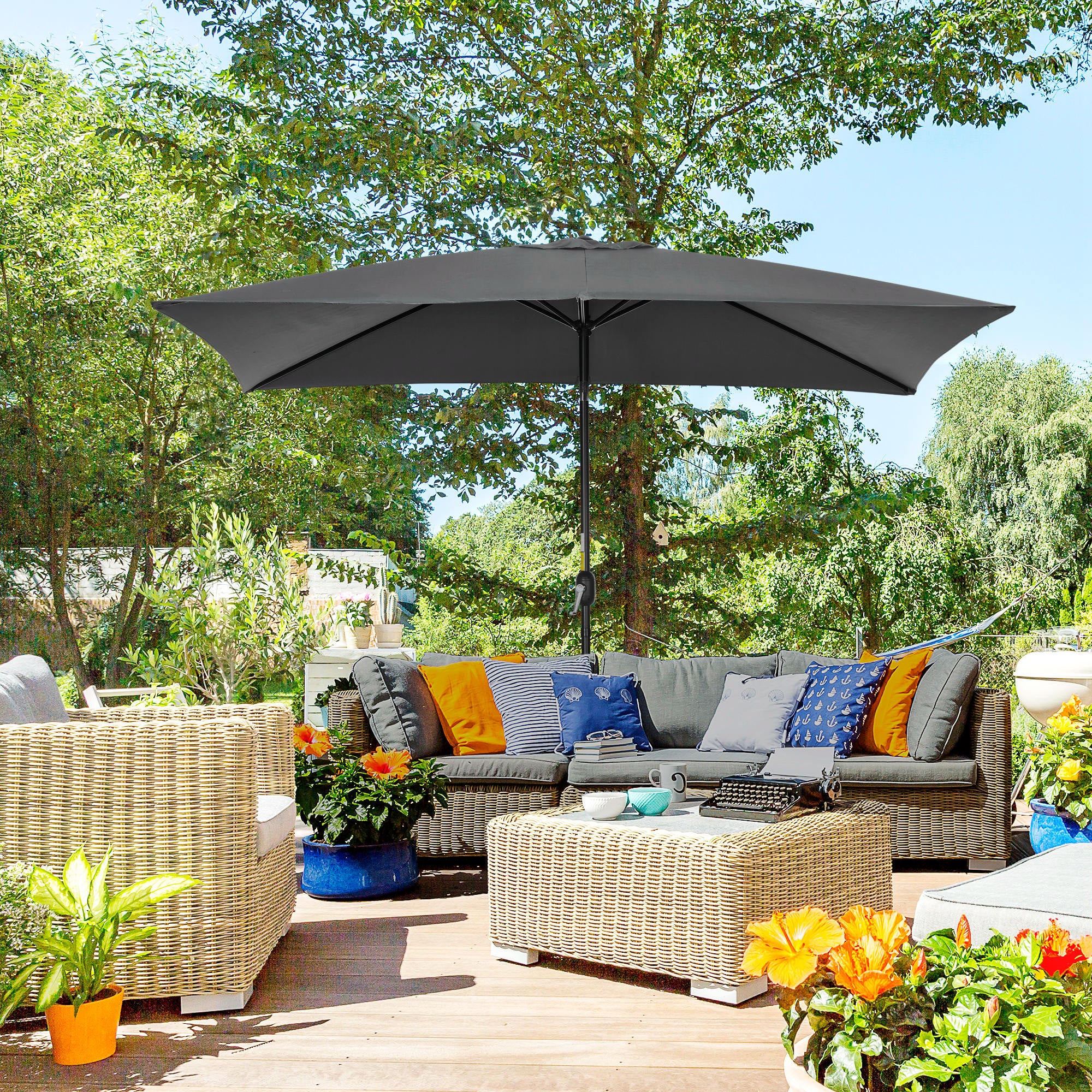 Outsunny 3x2m Garden Parasol Umbrella with Tilt and Crank, Outdoor Sun Shade Canopy with Aluminium Frame and Steel Ribs, Rectangular, Black