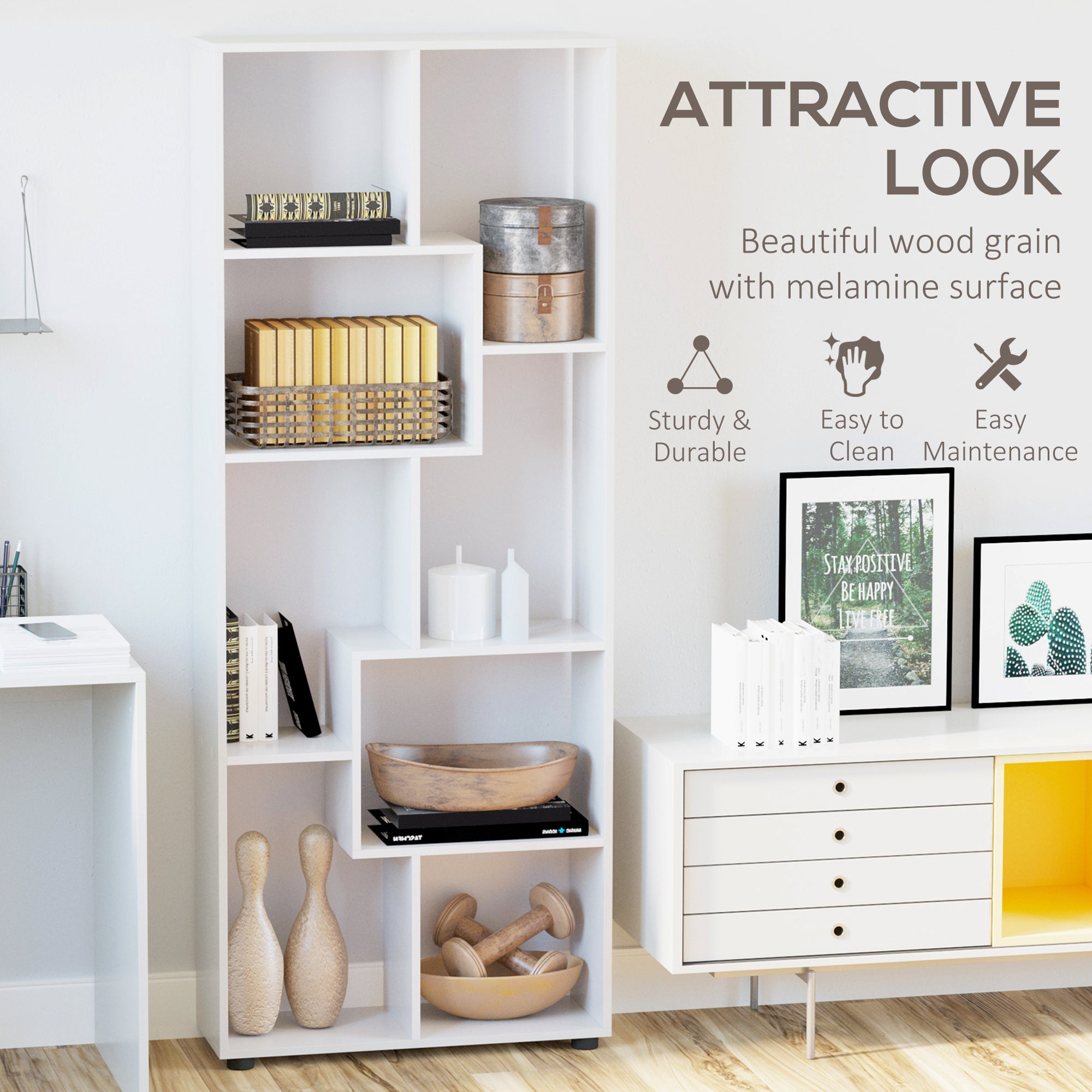 HOMCOM 8-Tier Freestanding Bookcase w/ Melamine Surface Anti-Tipping Foot Pads Home Display Storage Grid Stand Bedroom Living Room Furniture Modern Style - White