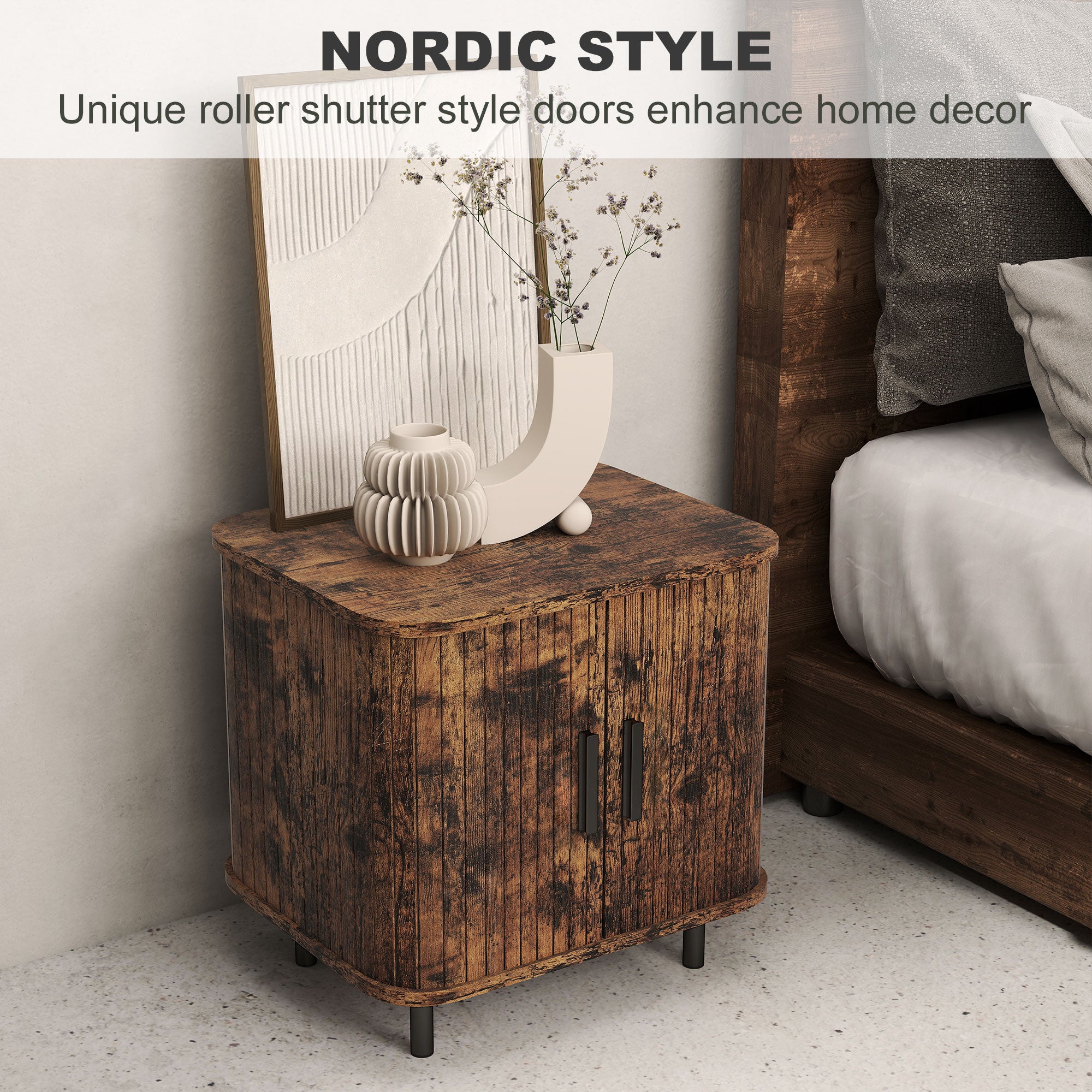 HOMCOM Bedside Table, Nordic Side Table with Roller Shutter Style Sliding Doors and Metal Legs for Bedroom, Living Room, Rustic Brown