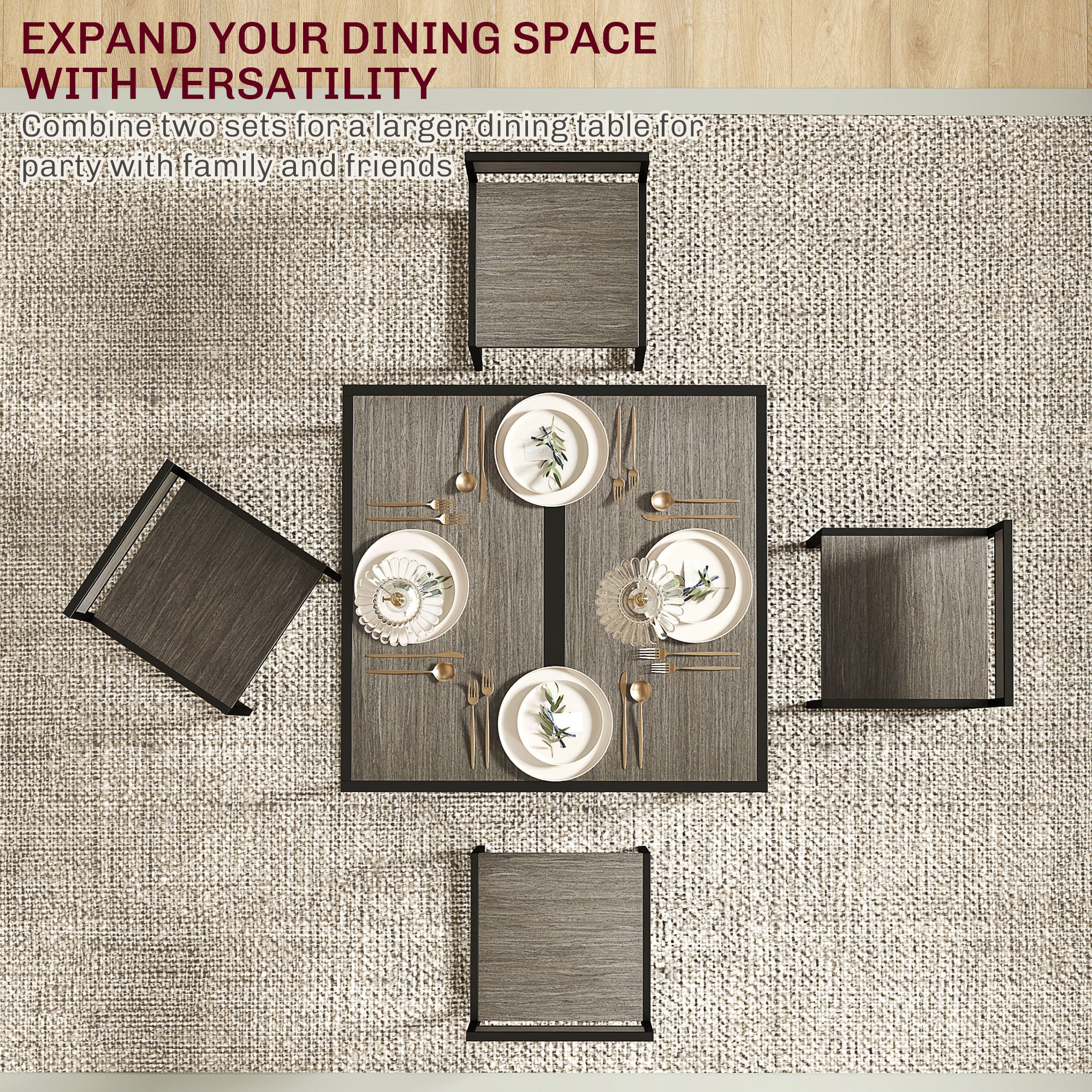 HOMCOM Dining Table and Chairs Set 2, Dining Room Sets, Rectangular Space Saving Table and 2 Chairs for Compact Kitchens, Steel Frame, Grey Wood-Effect