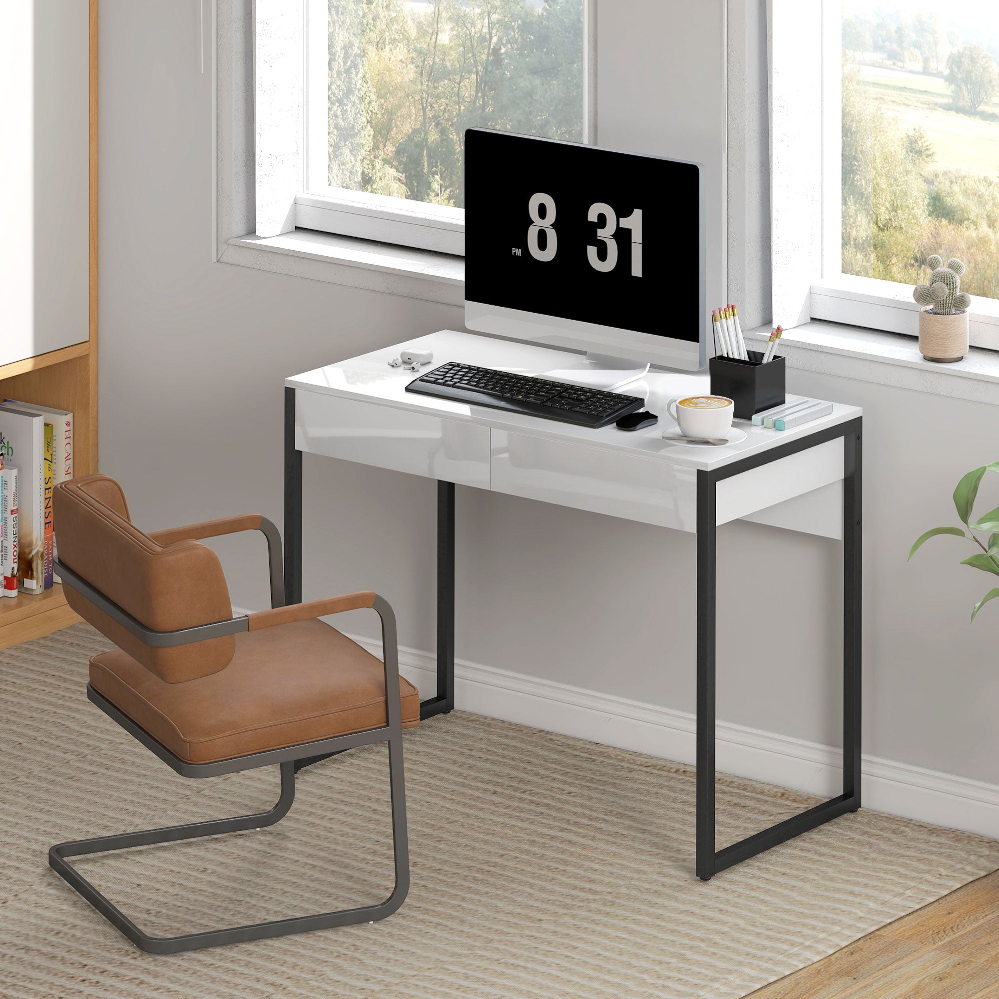 HOMCOM High Gloss Work Table, with Drawers - White