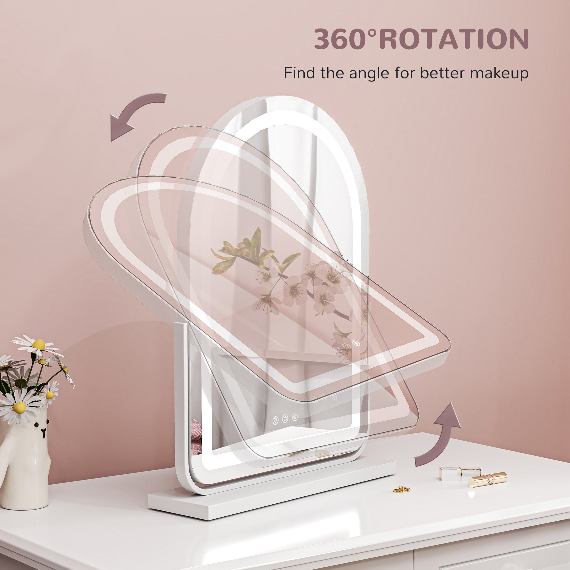 HOMCOM LED Vanity Mirror with Lights, 43 x 59cm Lighted Makeup Mirror with 3 Colour, 360\'c2\'b0 Rotation, Touch Screen, for Bedroom and Dressing Room, White