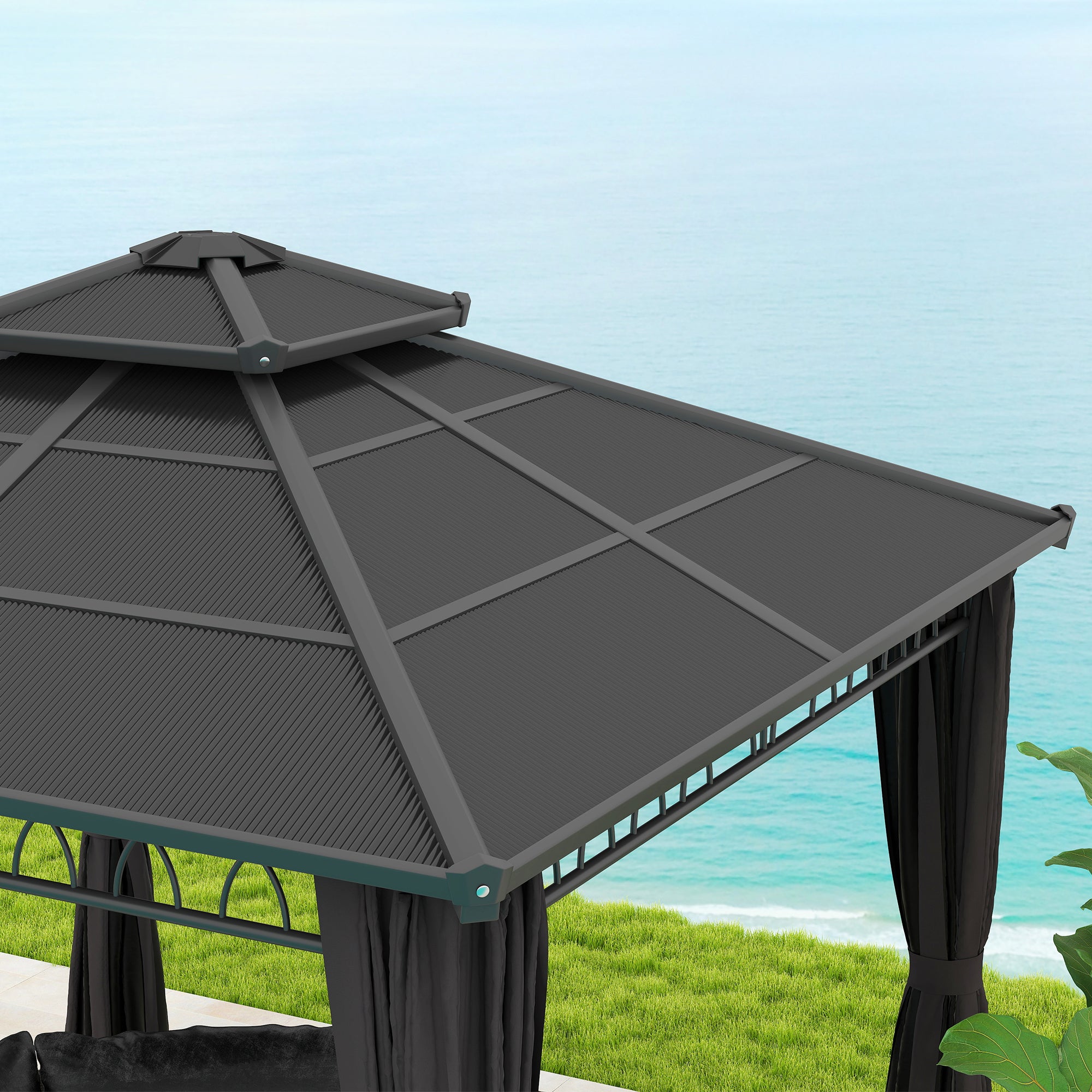 Outsunny 3 x 3 (m) Outdoor Polycarbonate Gazebo, Double\'c2\'a0Roof Hard Top Gazebo with\'c2\'a0Galvanised Steel Frame, Nettings\'c2\'a0&\'c2\'a0Curtains for Garden, Lawn, Patio and Deck, Dark Grey