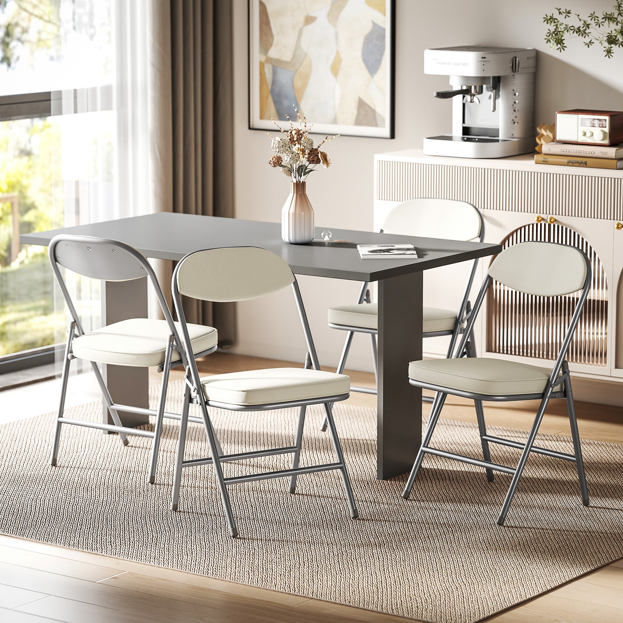 HOMCOM Set of Four Folding Corduroy Seat Chairs, Cream