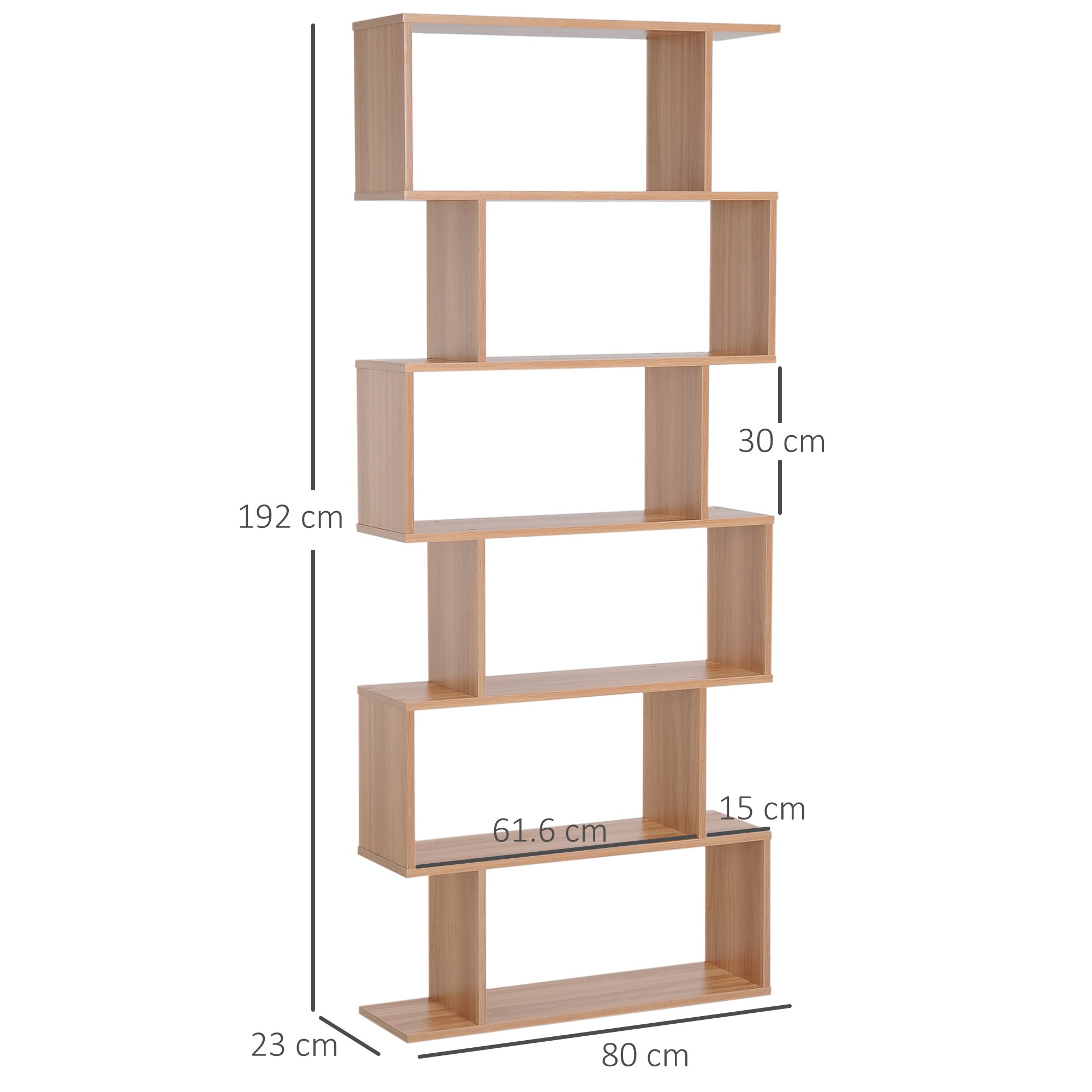 HOMCOM Bookcase, 6 Tier Shelf S Shaped Bookshelf, Storage Unit, Display Shelf for Living Room, Bedroom, Home Office, Plant, Maple
