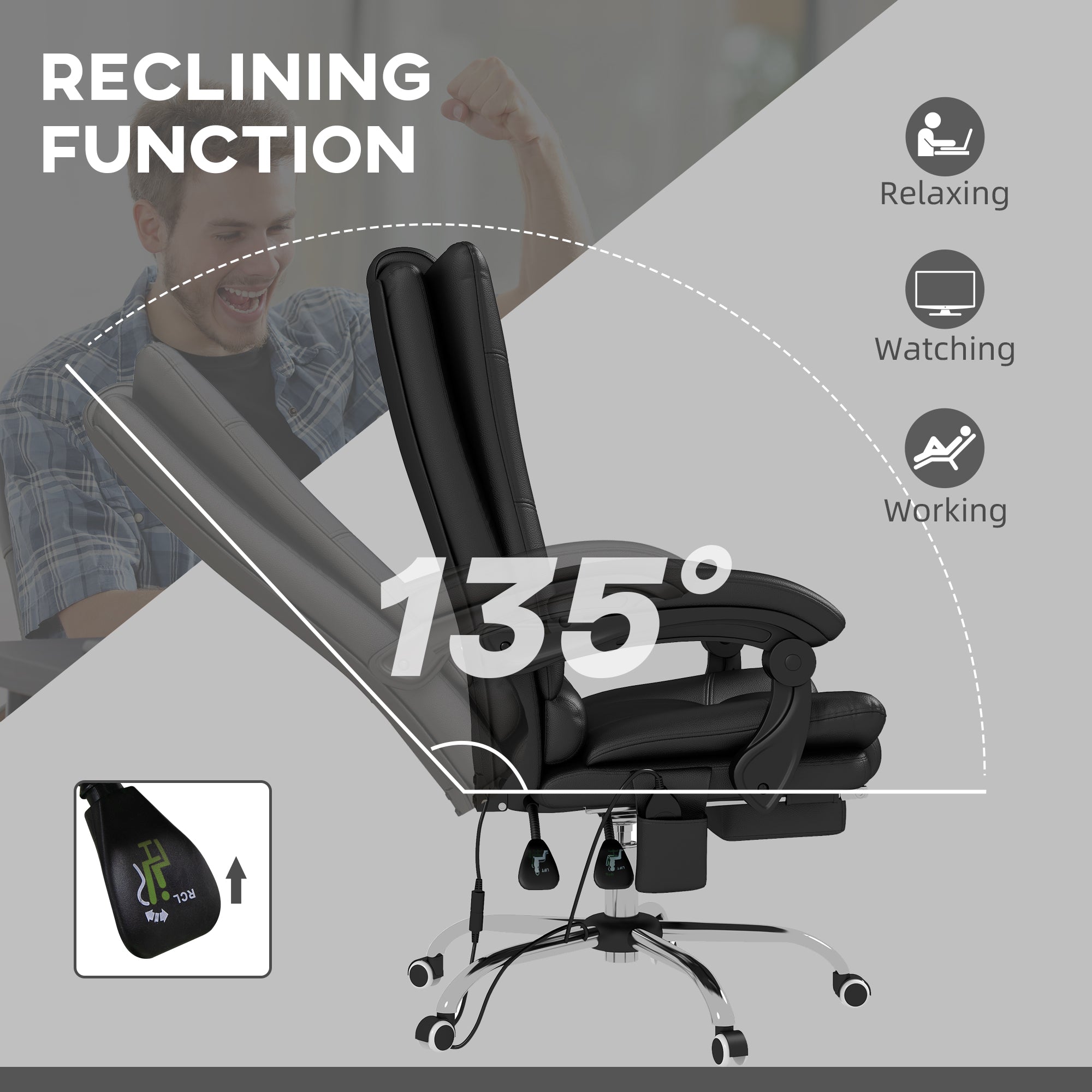 Vinsetto High Back Vibration Massage Office Chair, Heated Reclining PU Leather Computer Chair with 135\'c2\'b0 Reclining Back and Footrest, Black