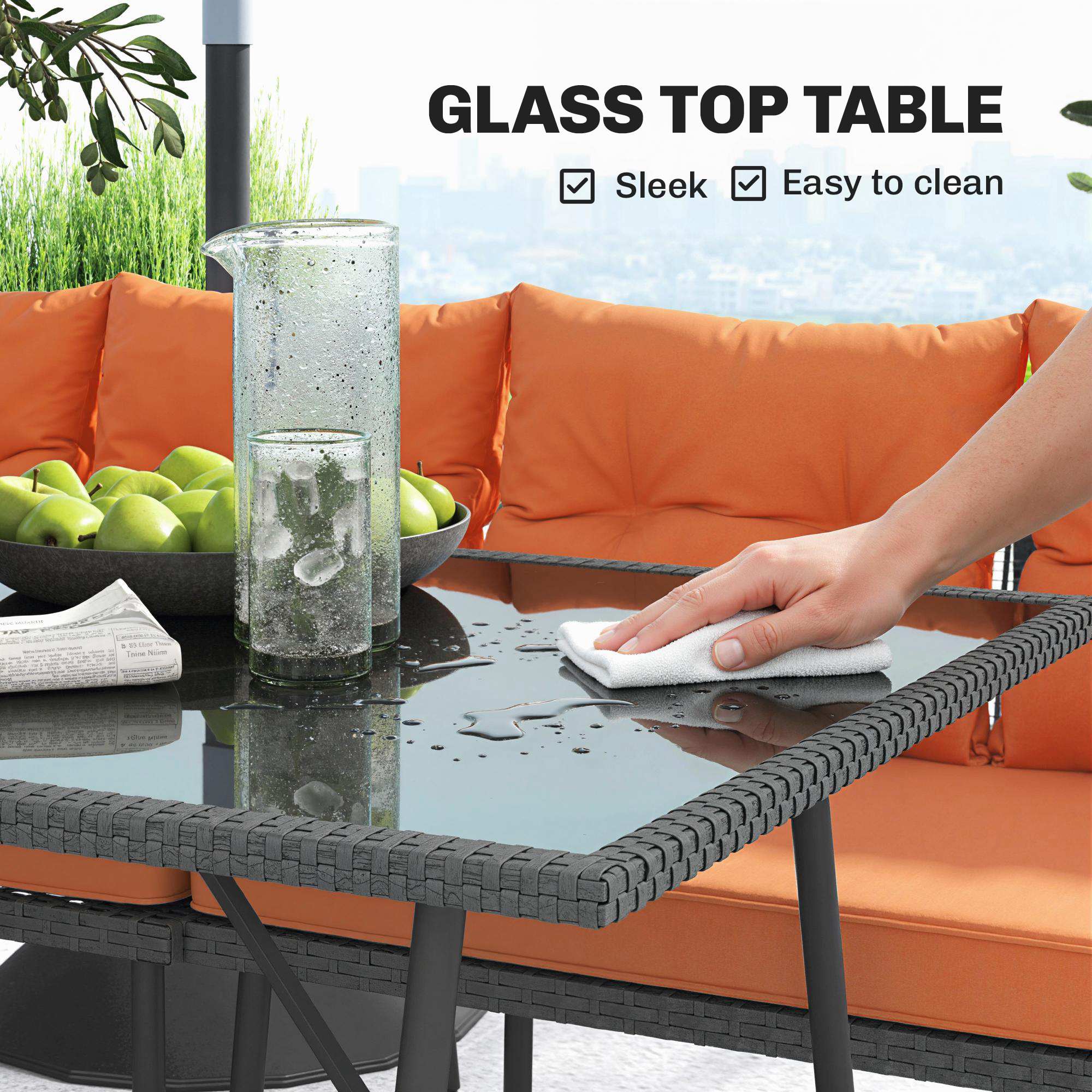 Outsunny 6 Piece Rattan Garden Furniture Set, 8 Seater Garden Corner Sofa with Cushions and Glass Top Table, Orange