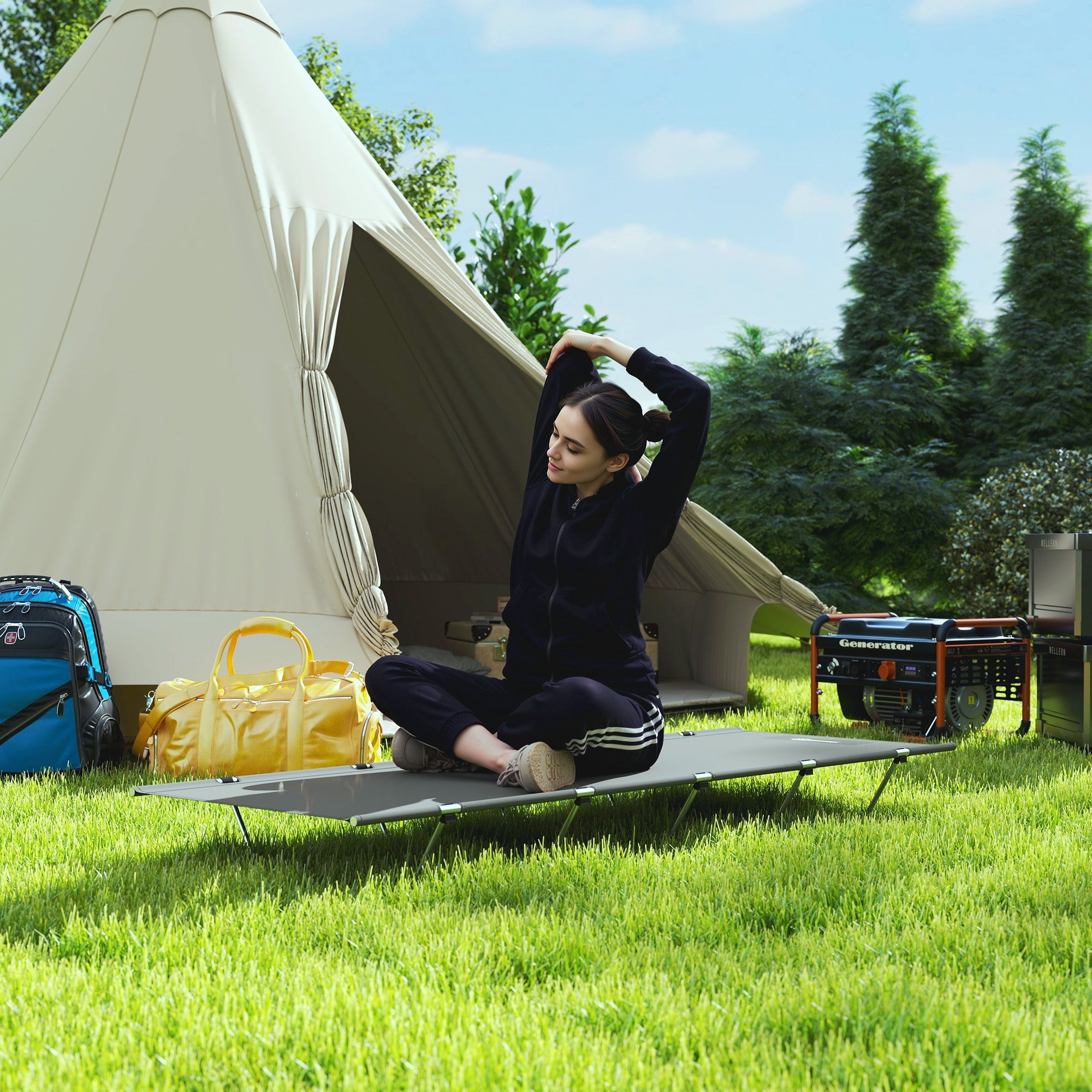 Outsunny Lightweight Camping Bed, Aluminium Portable Camp Cot w/ Strong Support 150kg and Carry Bag for Camping, Dark Grey