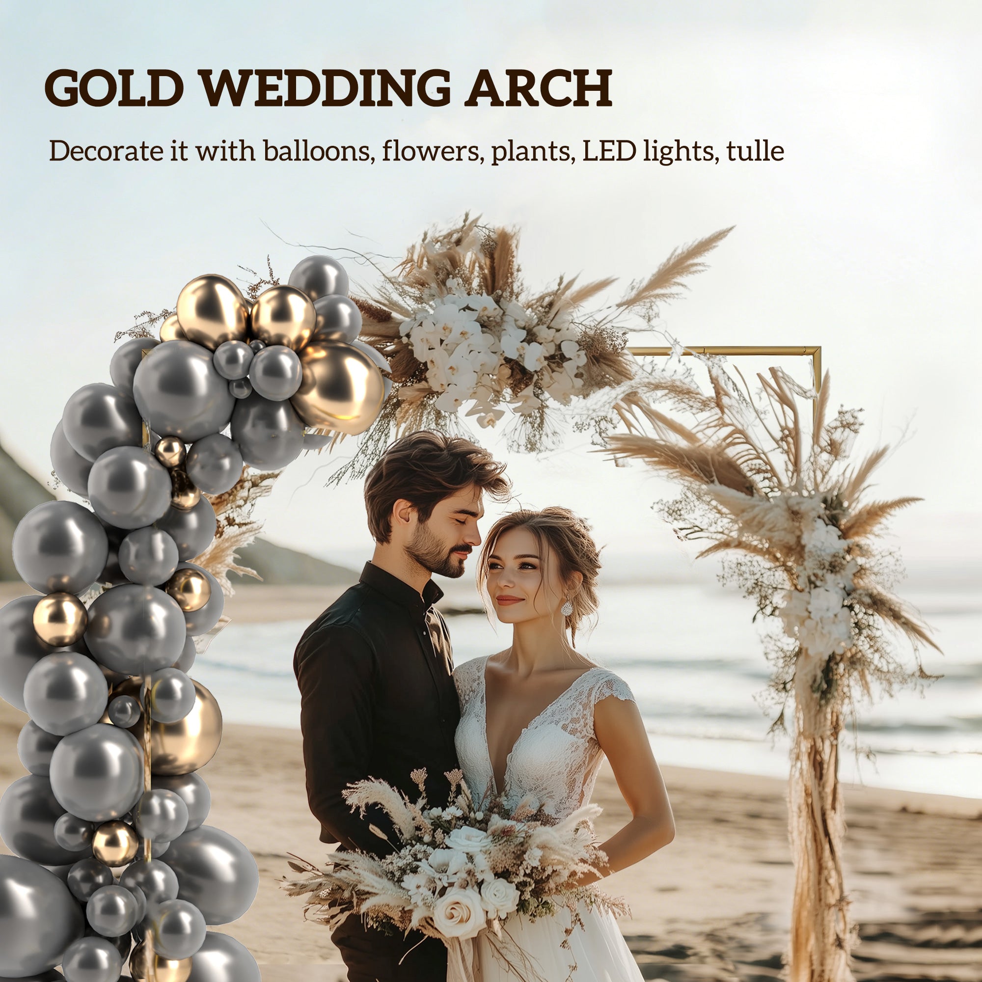 Outsunny Wedding Arch Backdrop Stand, Square Metal Arch Frame with U-shaped Stakes, Gold Wedding Arch, 6.6 FT