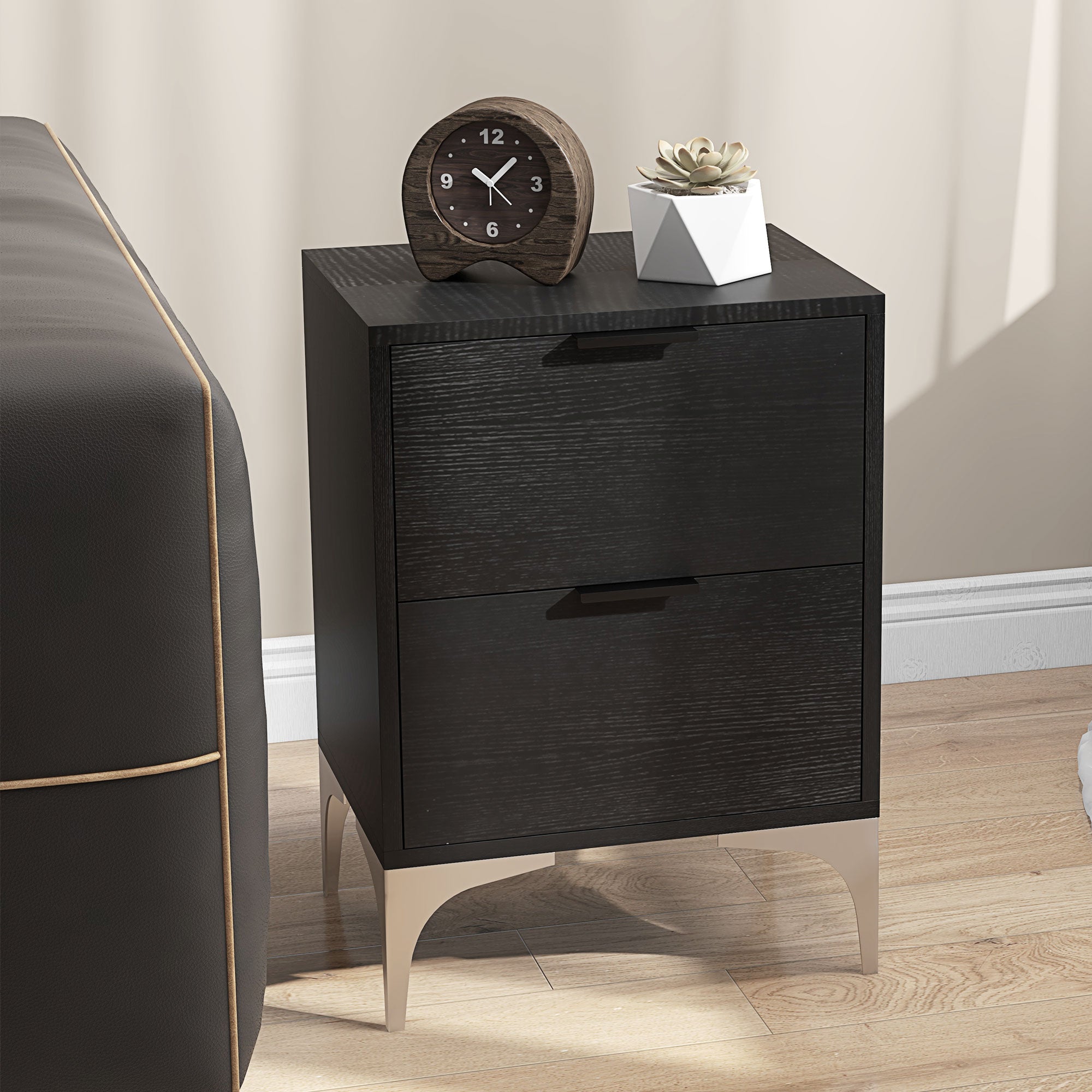 HOMCOM Set of Two Wood Effect Bedside Tables with Silver Steel Base, Black