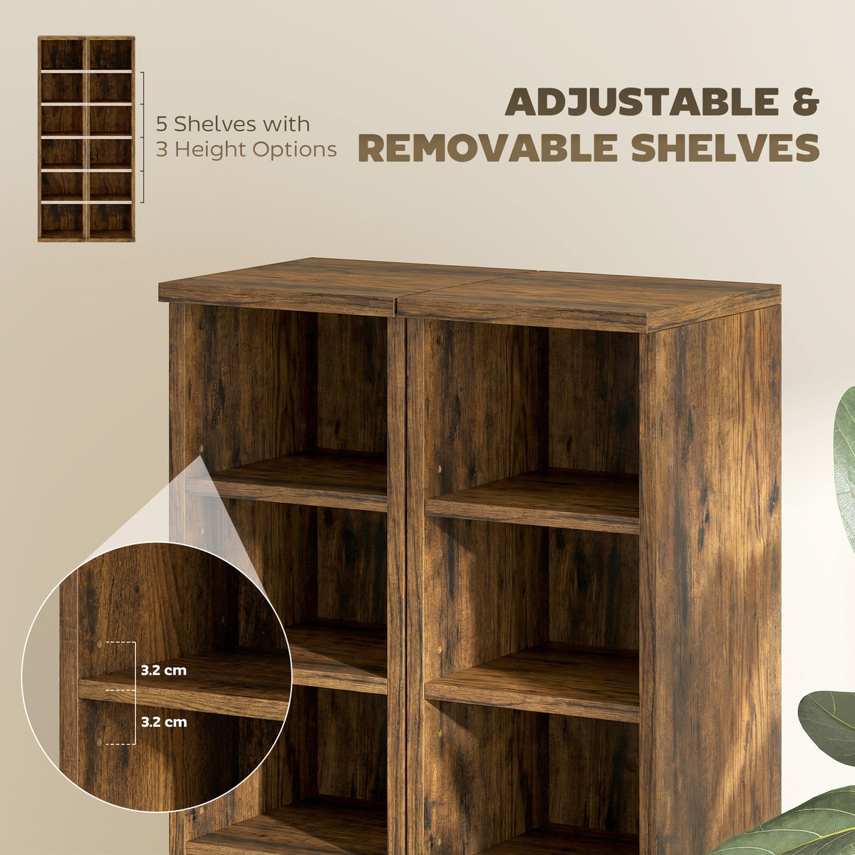 HOMCOM Set of 2 CD Media Display Shelf Unit Tower Rack with Adjustable Shelves, Rustic Brown