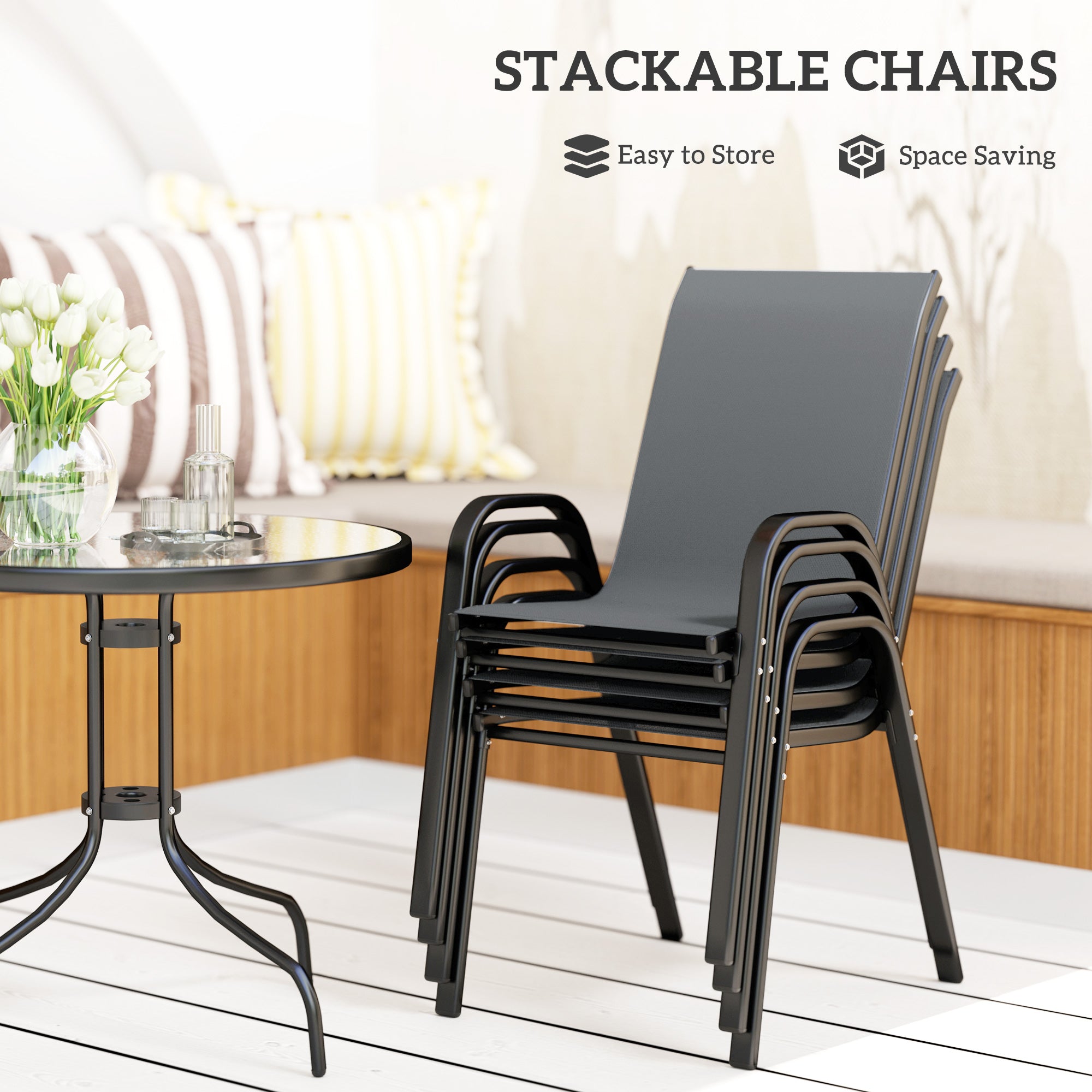 Outsunny Five-Piece Steel Patio Set, with Glass-Top Table - Dark Grey