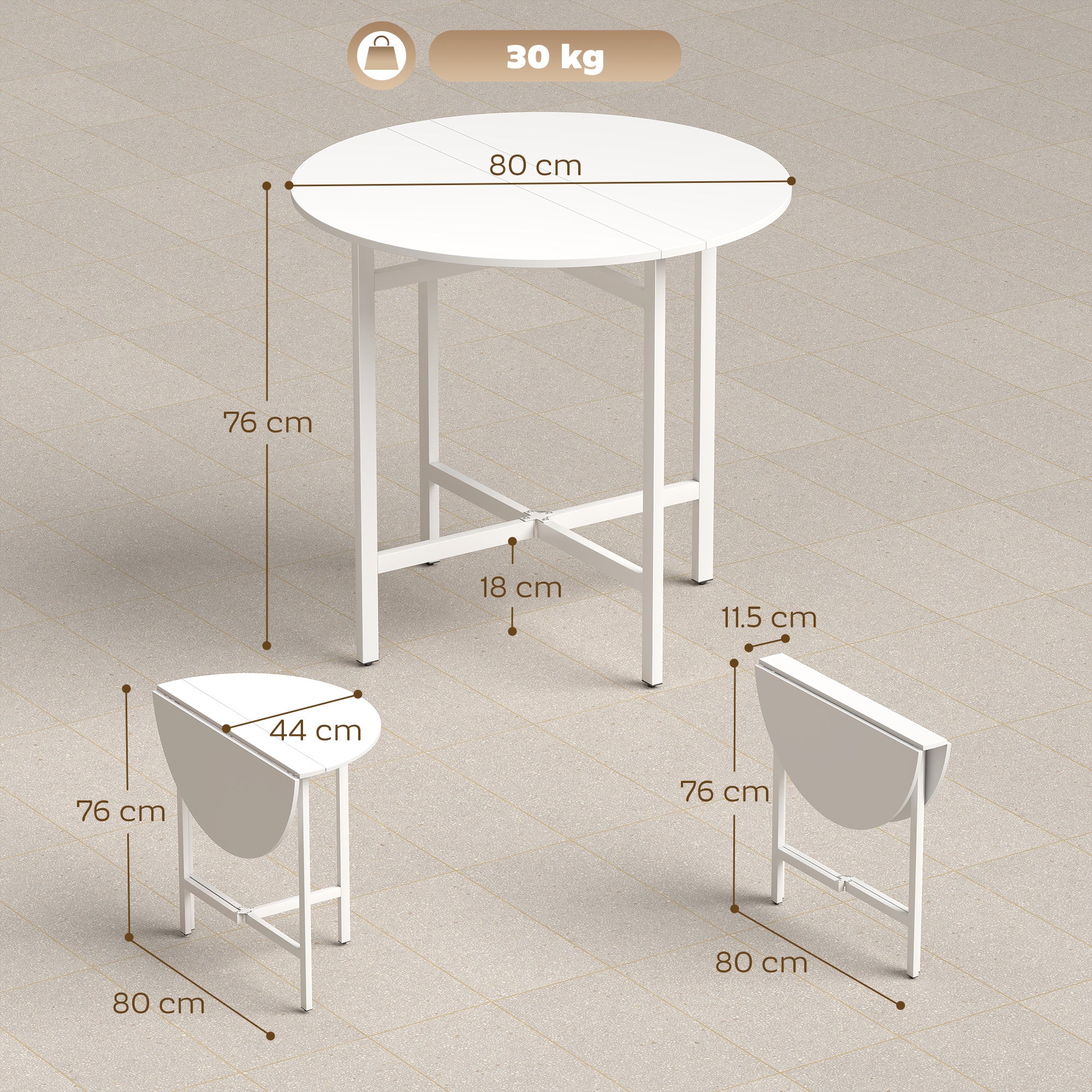 HOMCOM Collapsible Drop Leaf Table, Folding Dining Table for Small Spaces, Extendable Kitchen Table with Steel Frame, White