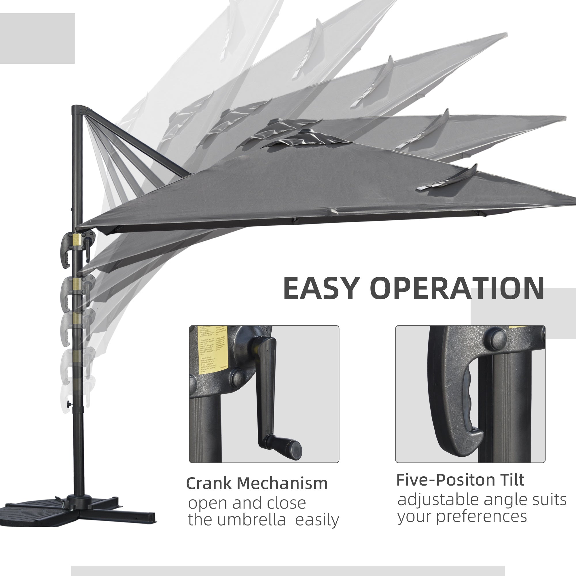 Outsunny 2.7 x 2.7 m Cantilever Parasol, Square Overhanging Umbrella with Cross Base, Crank Handle, Tilt, 360\'c2\'b0 Rotation and Aluminium Frame, Dark Grey