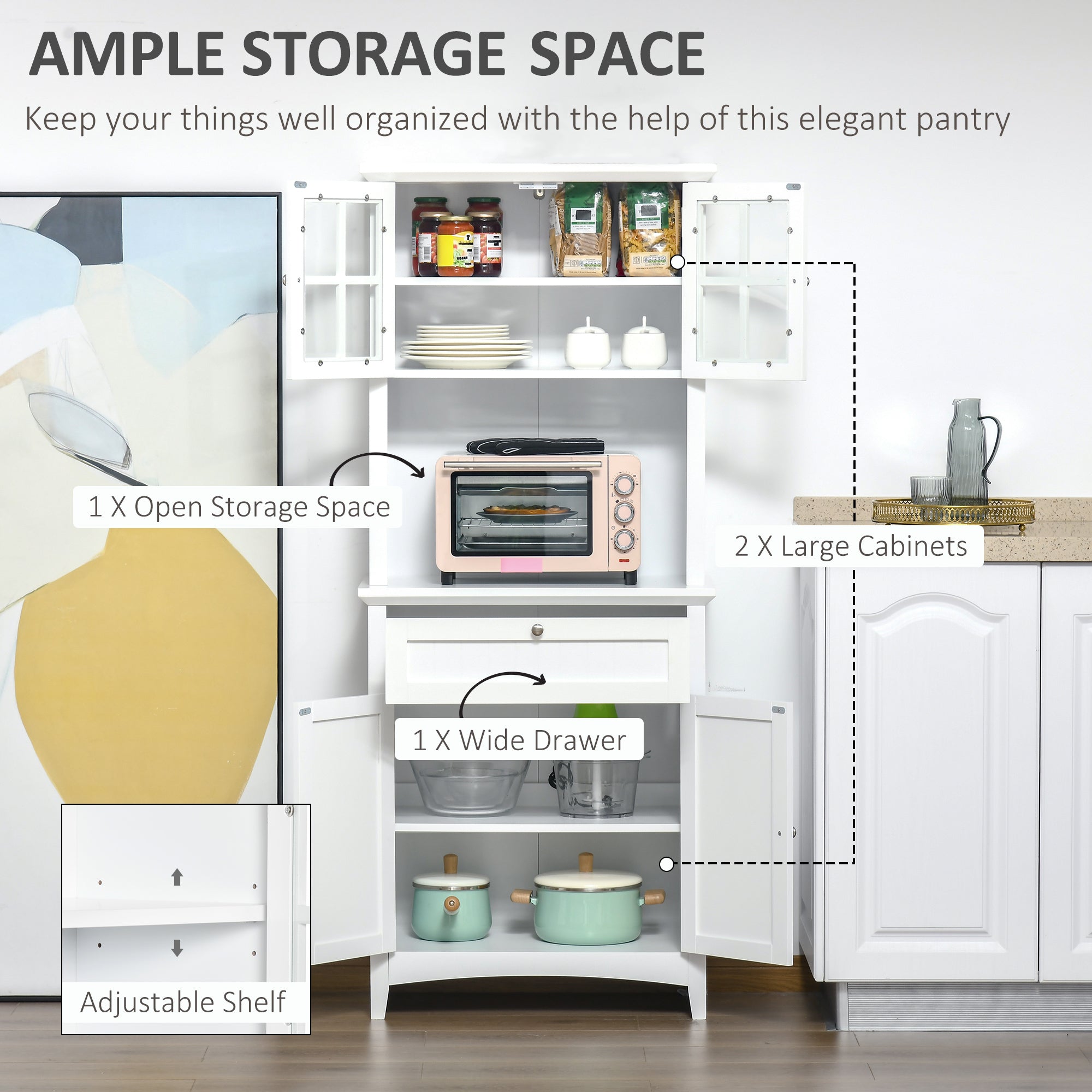 HOMCOM Kitchen Cupboard, Wooden Storage Cabinet with Framed Glass Door, Drawer, Microwave Space for Dining and Living Room, White 