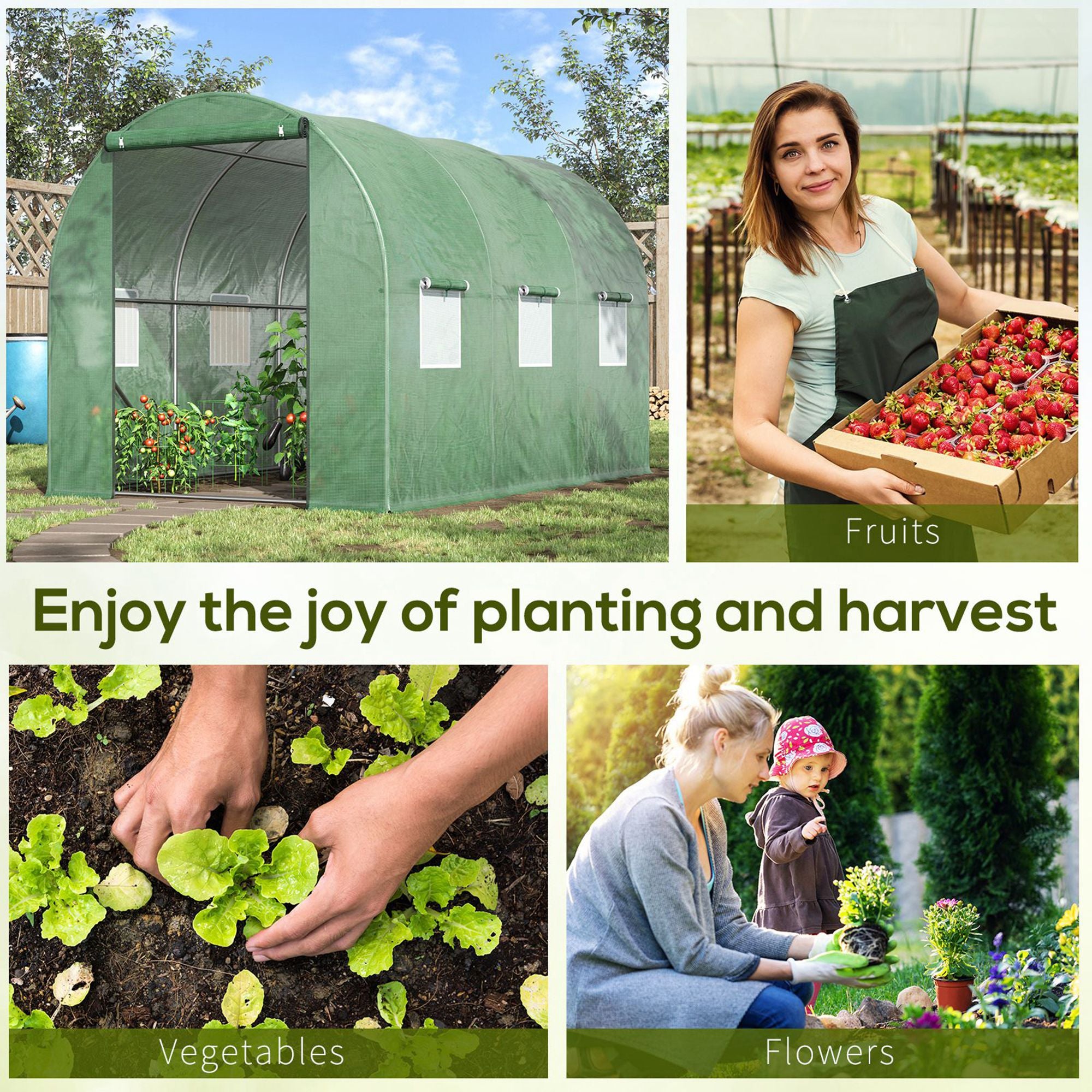 Outsunny Walk-in Polytunnel Greenhouse, Outdoor Garden Tunnel Greenhouse Tent with Zipped Roll-Up Door and 6 Mesh Windows, 3 x 2M 