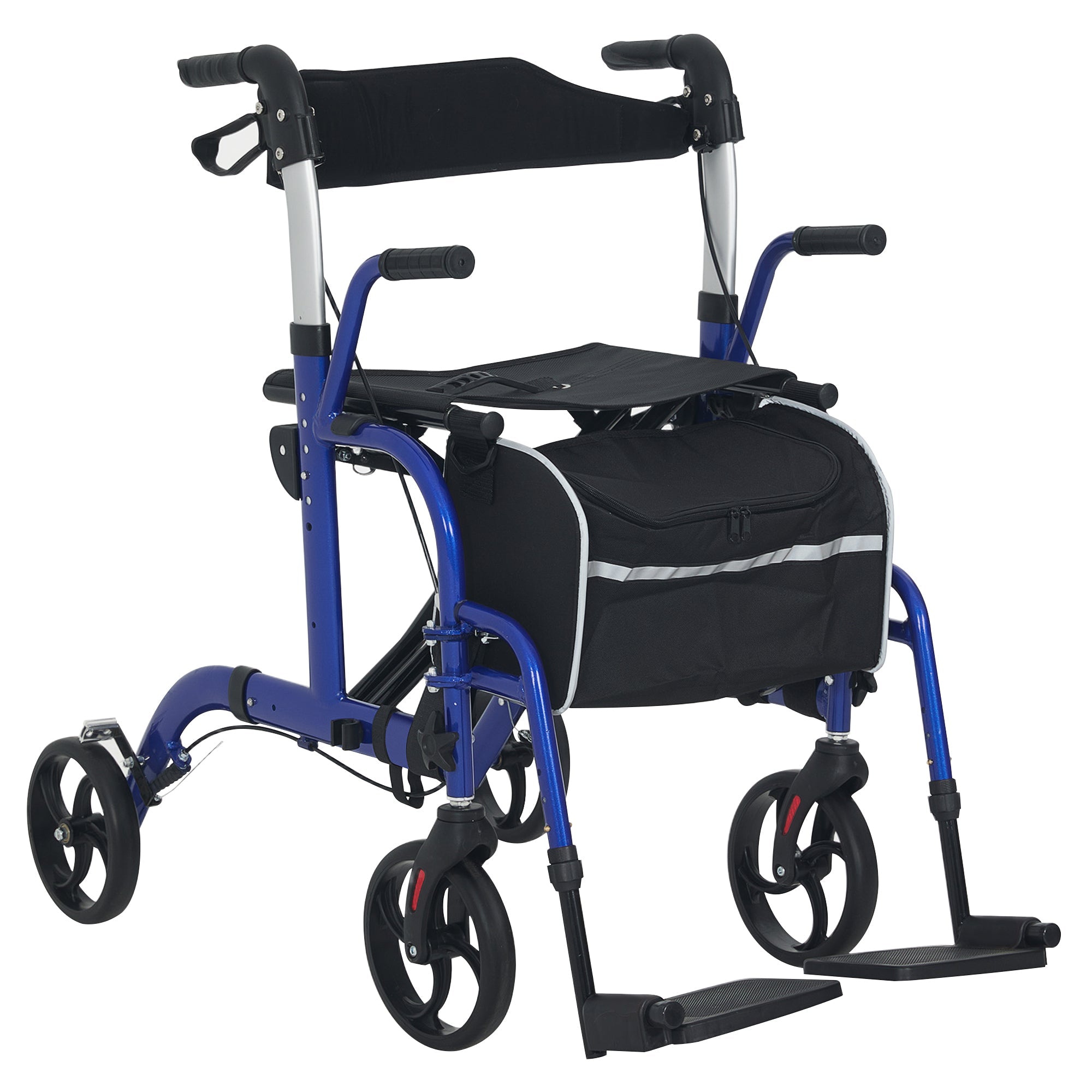 HOMCOM 2 in 1 Wheelchair Transport Chair & Folding Rollator Walker with Seat, Backrest, Footrest, Lightweight Walking Frame with Bag, Adjustable Height, 4 Wheeled Walker for Seniors, Pearl Blue 